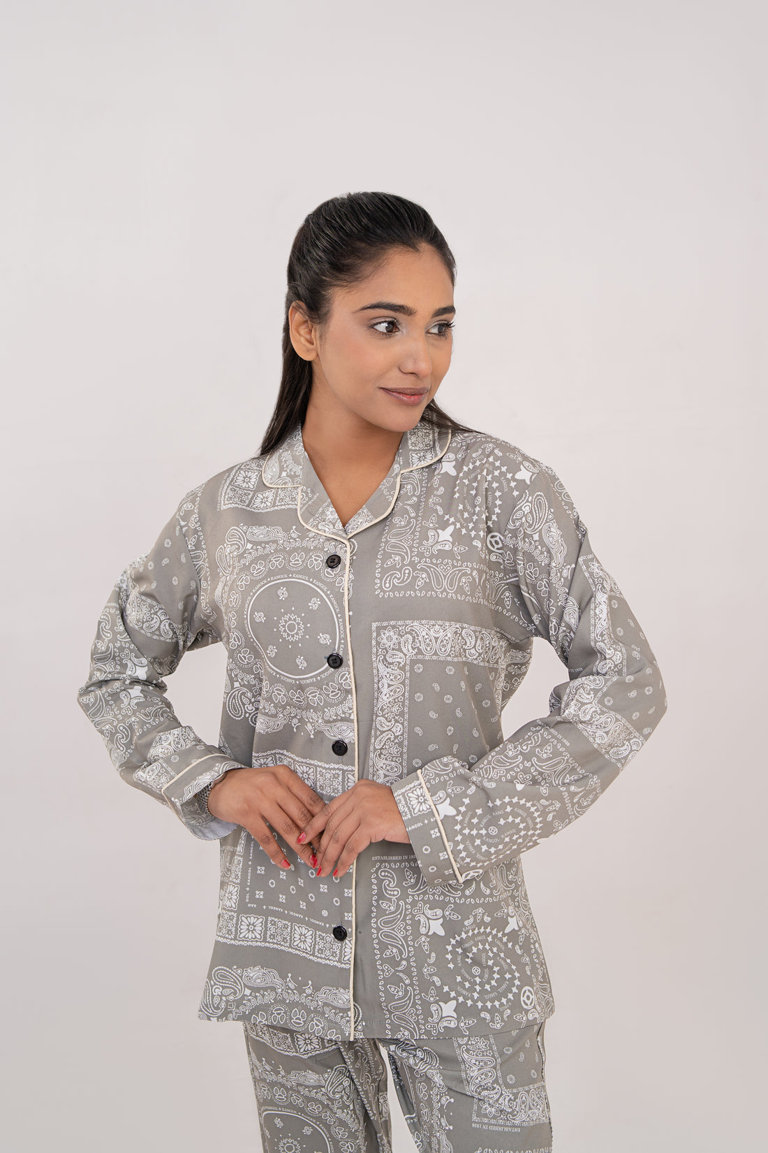 Women Night Suit Grey Printed