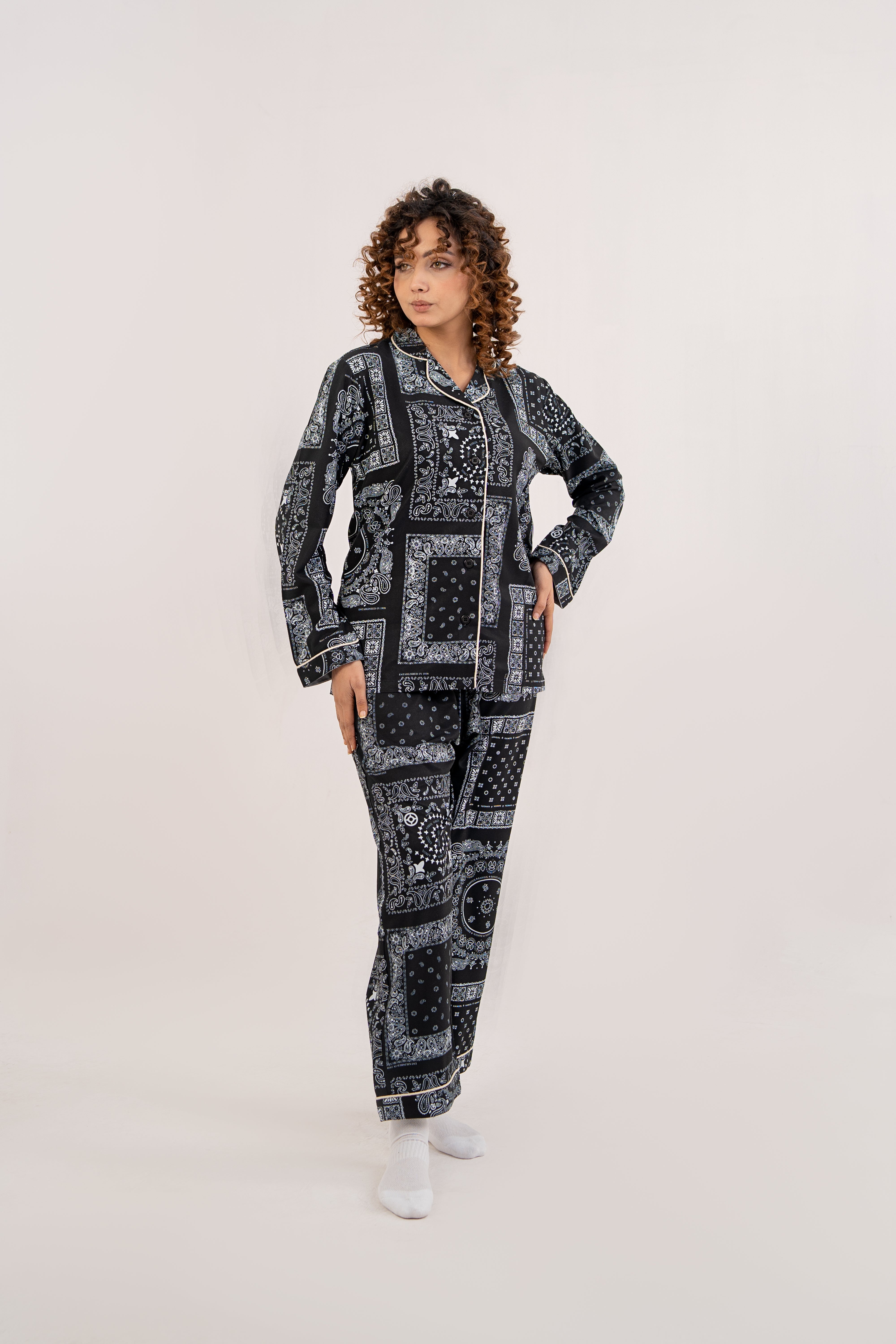 Women Night Suit Black Printed