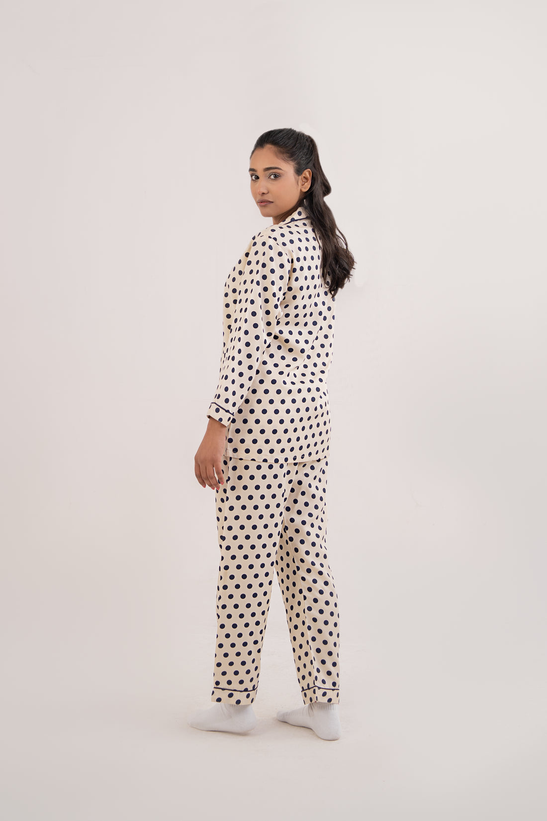 Women Night Suit Grey Polka Dot Deign