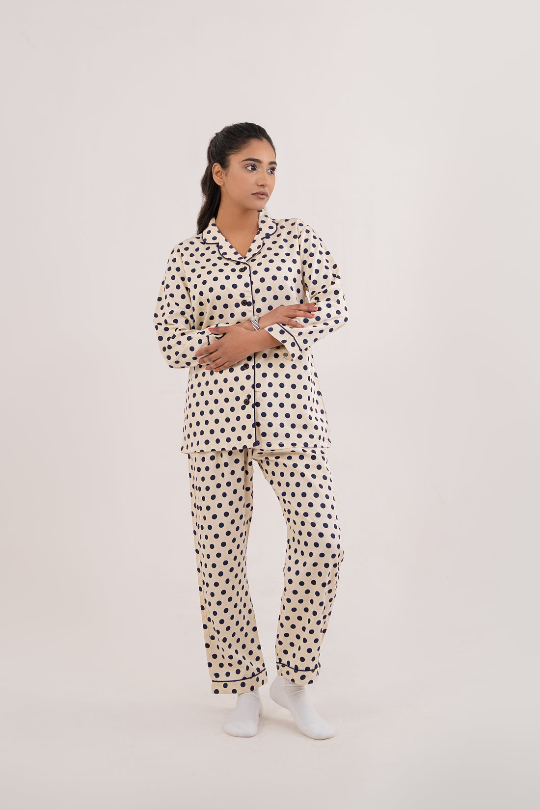 Women Night Suit Grey Polka Dot Deign