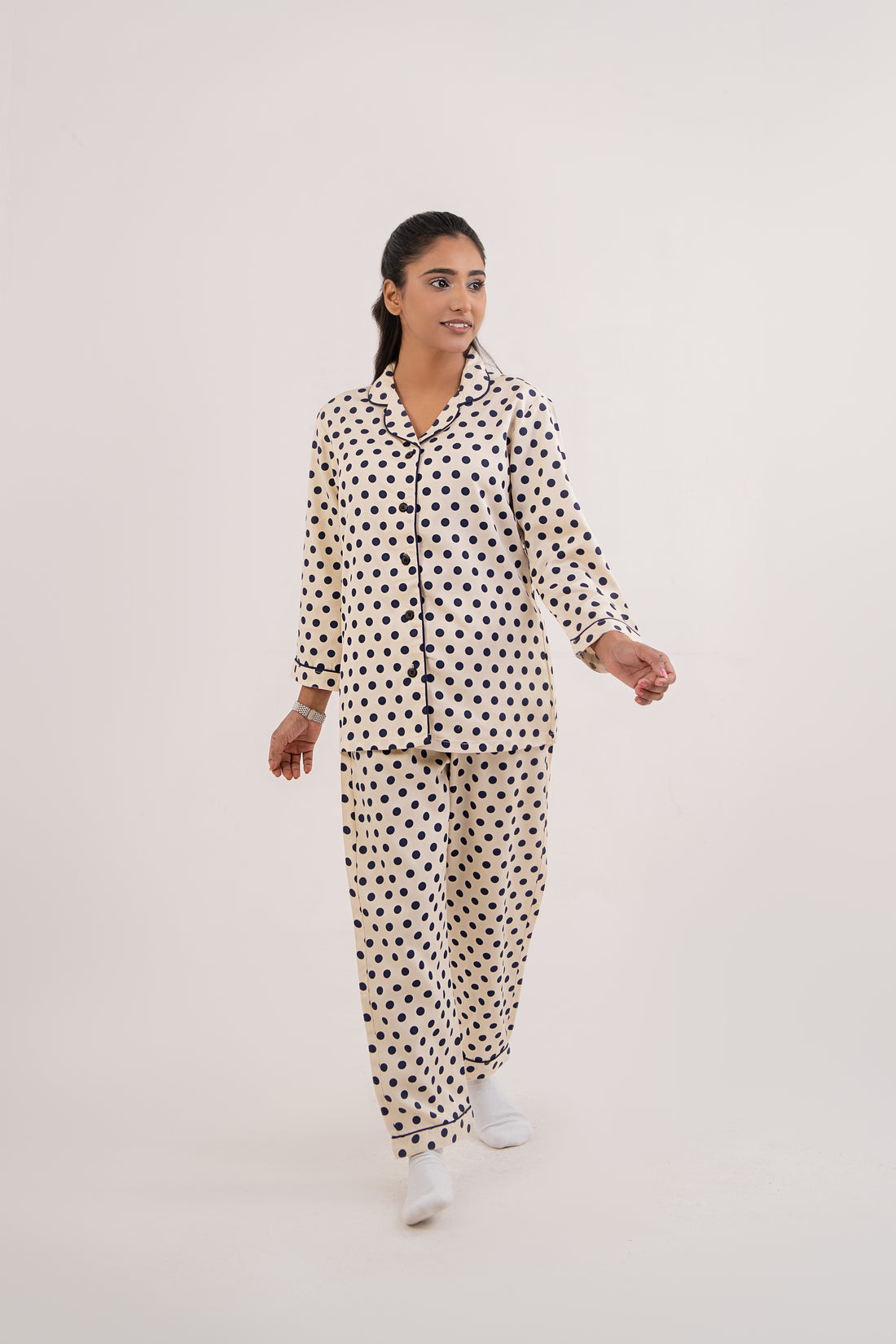 Women Night Suit Grey Polka Dot Deign