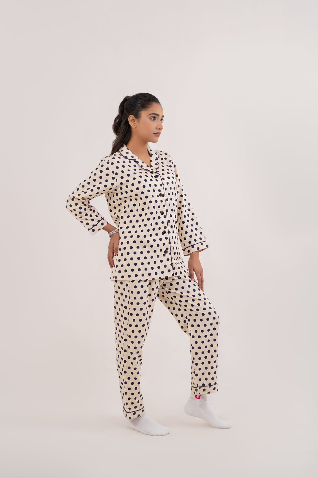 Women Night Suit Grey Polka Dot Deign