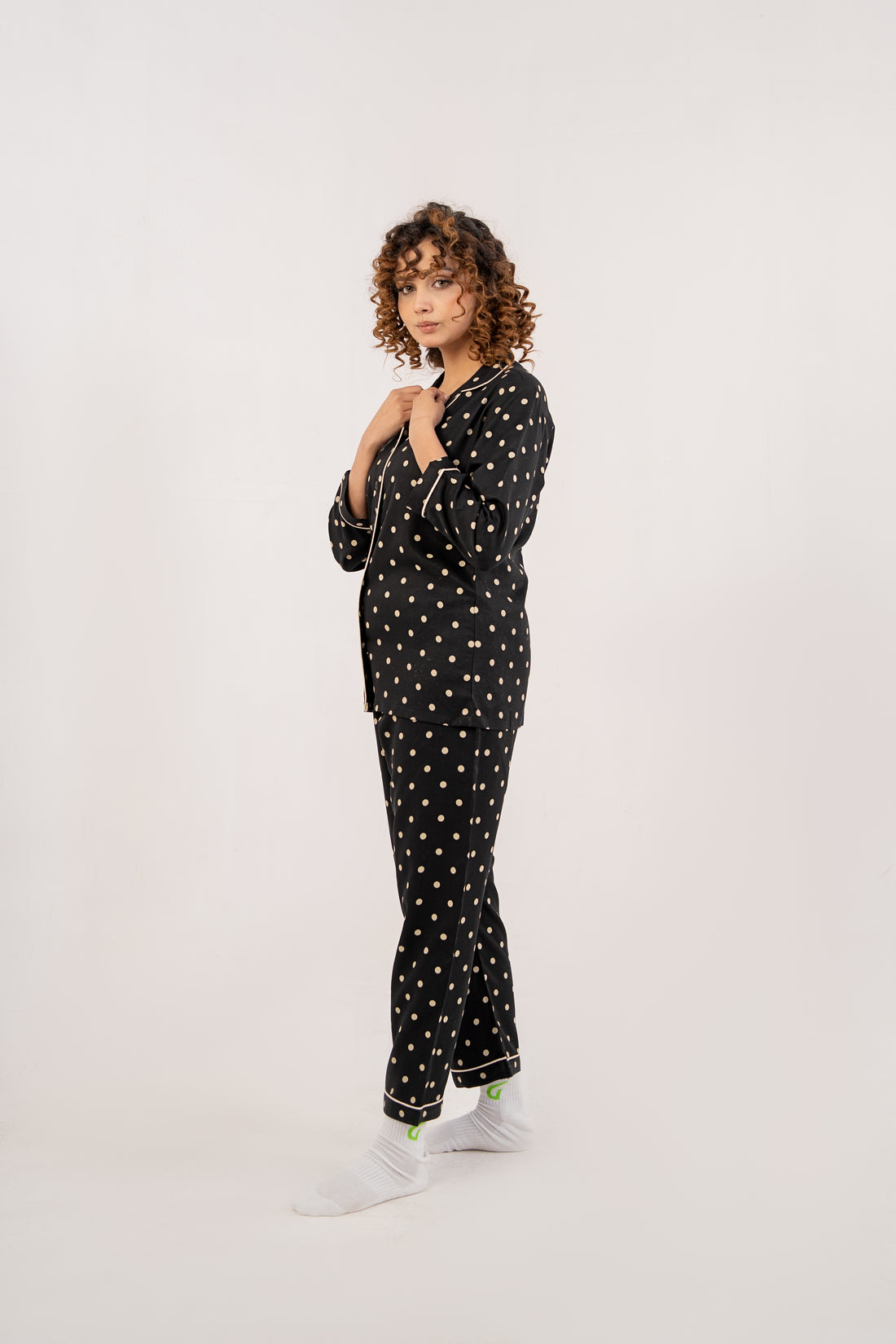 Women Night Suit Black Polka Dot Deign