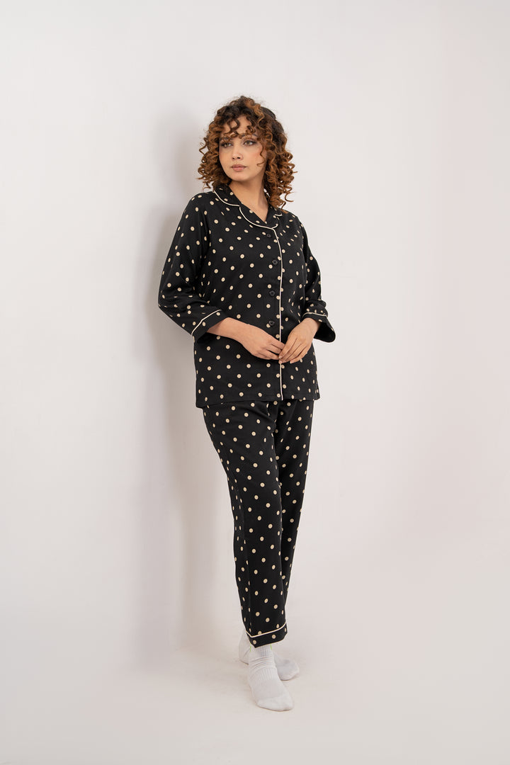 Women Night Suit Black Polka Dot Deign