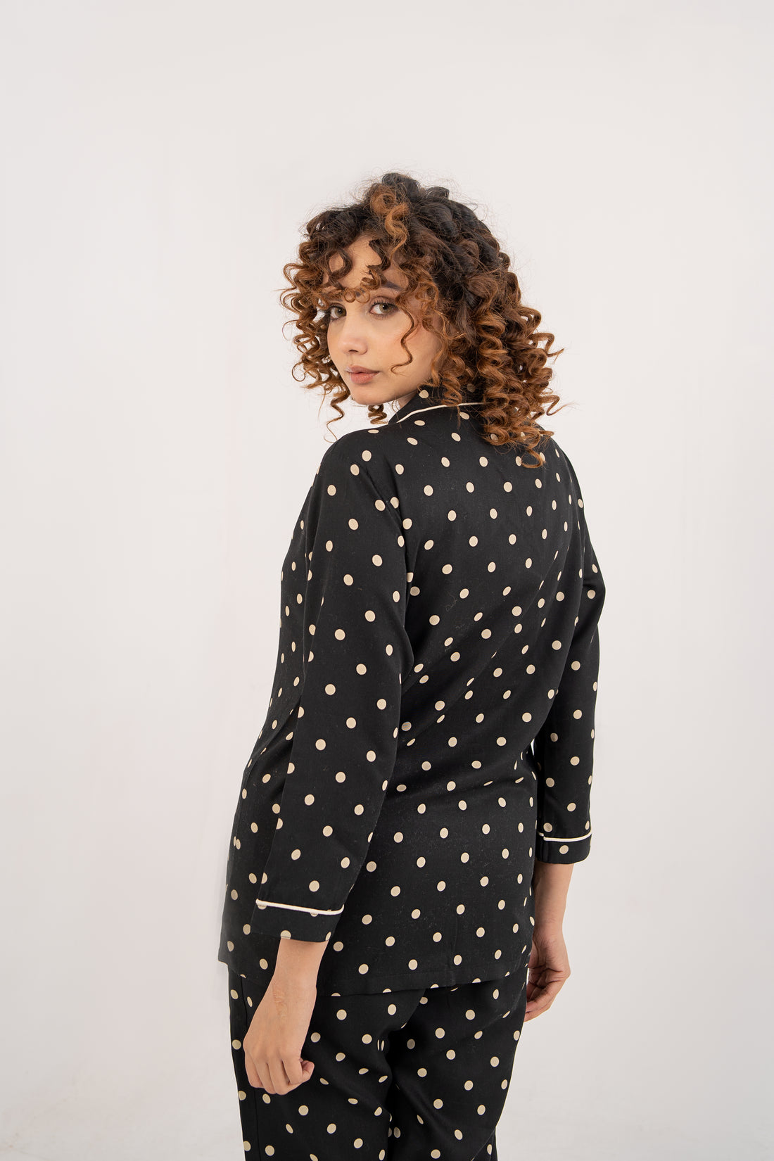 Women Night Suit Black Polka Dot Deign