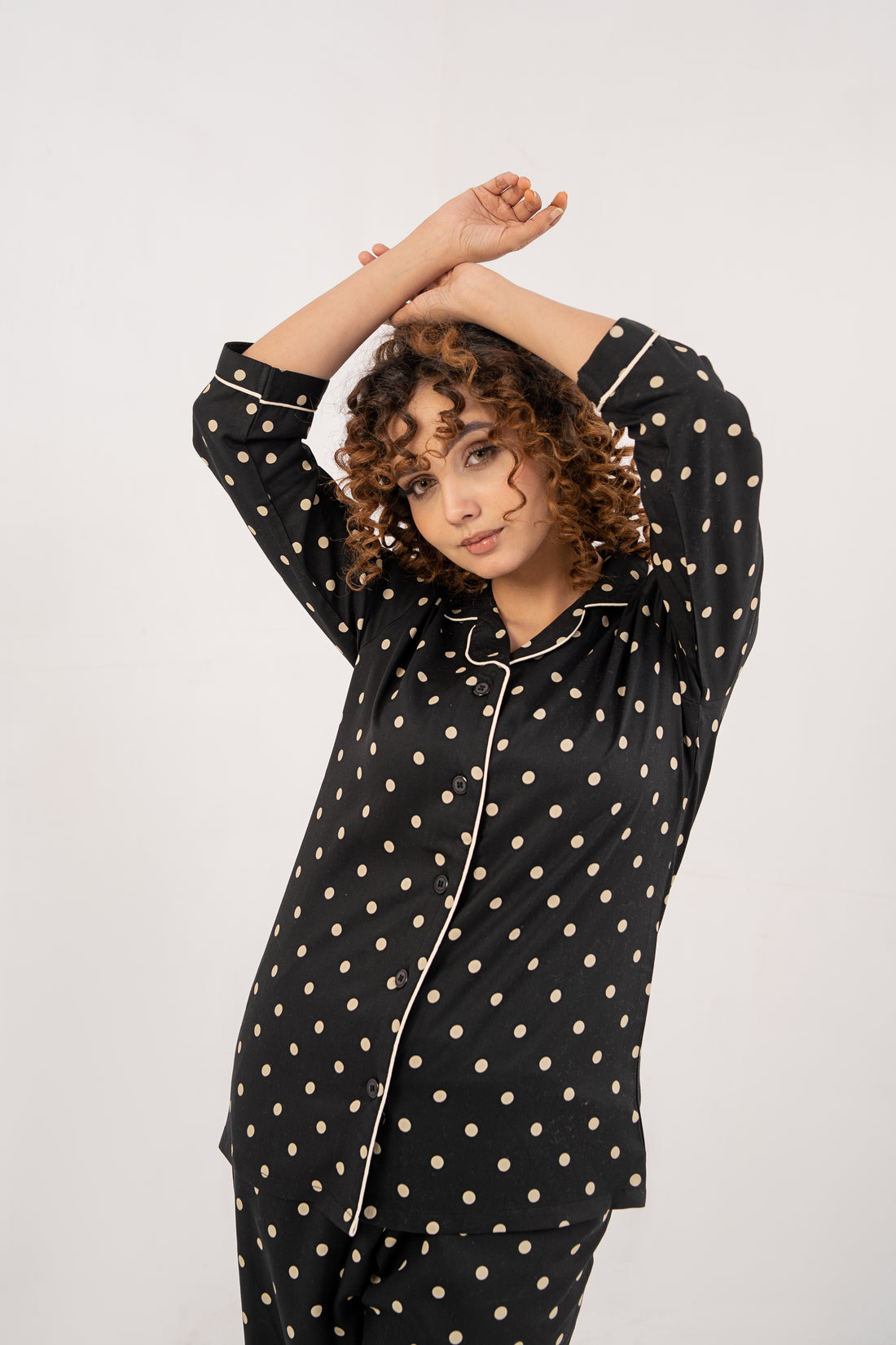 Women Night Suit Black Polka Dot Deign