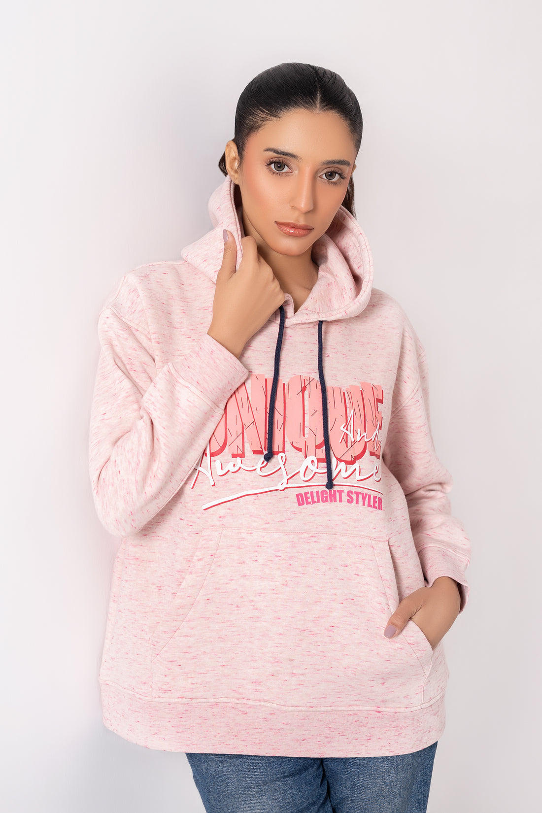 Women Hoodie Melange Pink