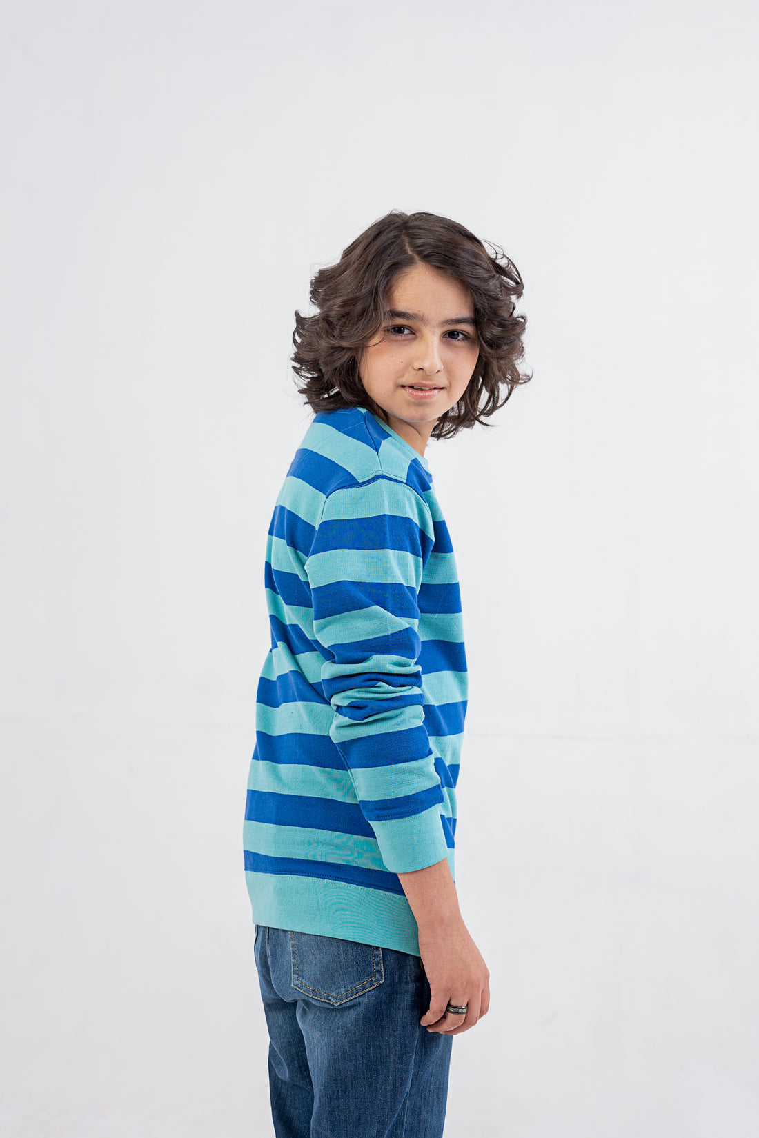 Boys Sweat Shirt Terry Teal Striper