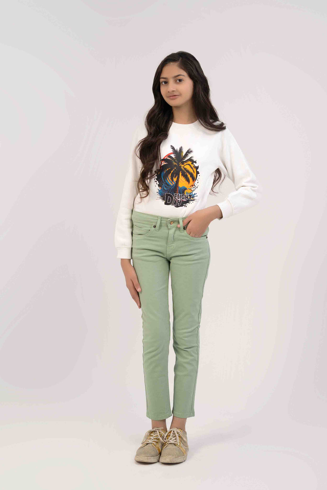 Green Color Basic Slim Fit Girls Jeans