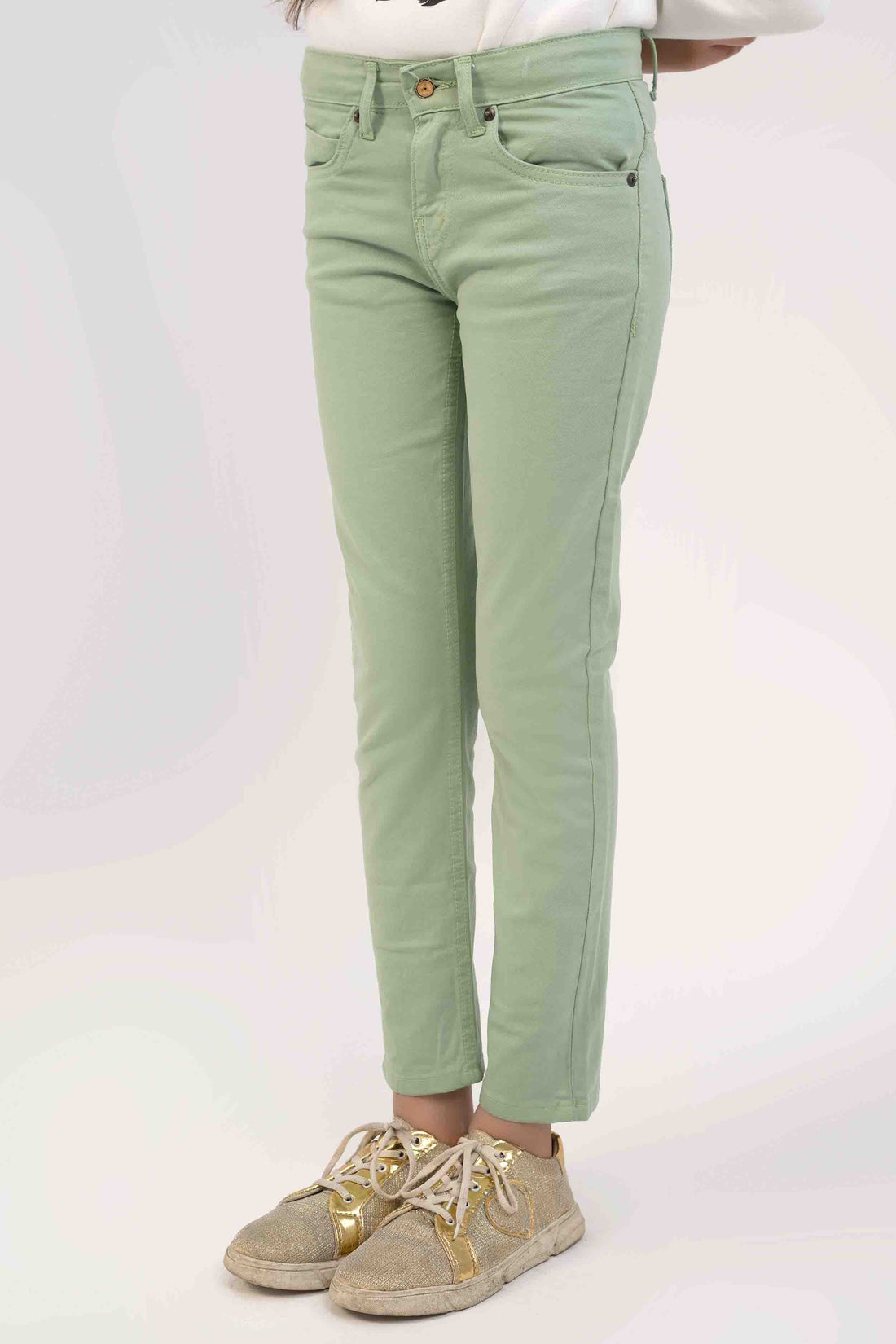 Green Color Basic Slim Fit Girls Jeans