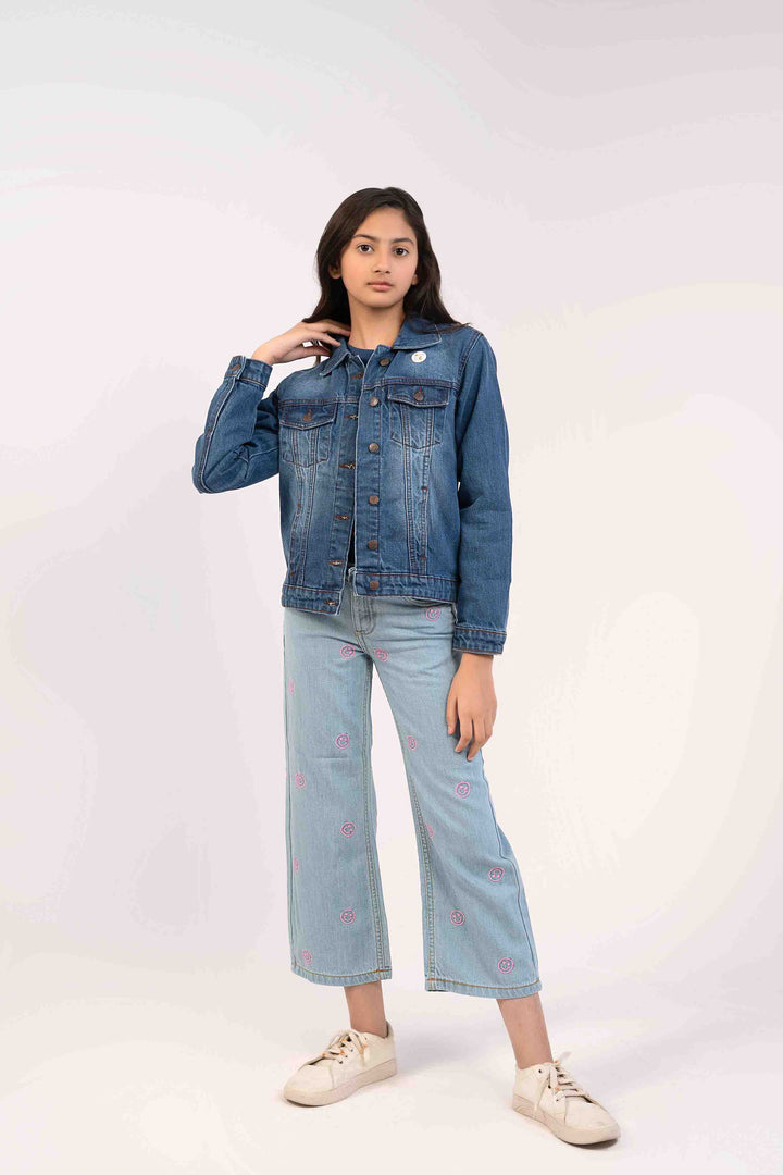 Light Wash Color with Smily Face EMB  Girls Jeans