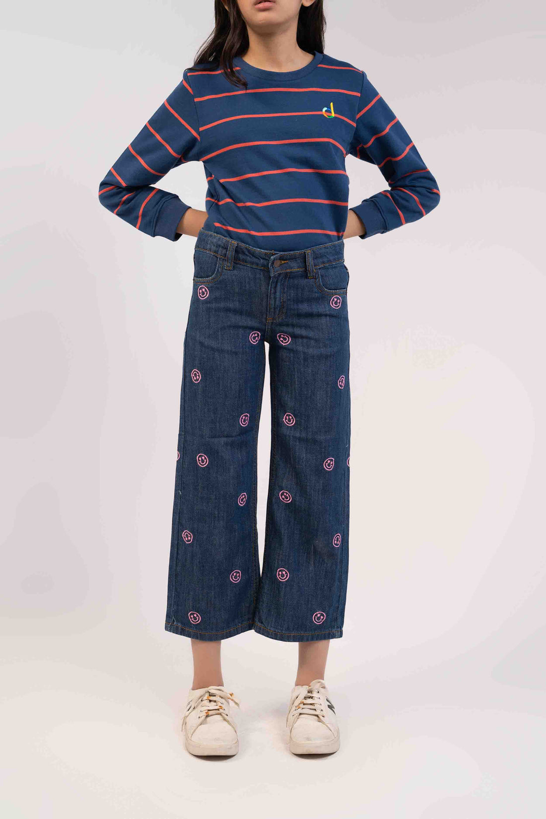 Medium Wash Color with Smily Face EMB  Girls Jeans