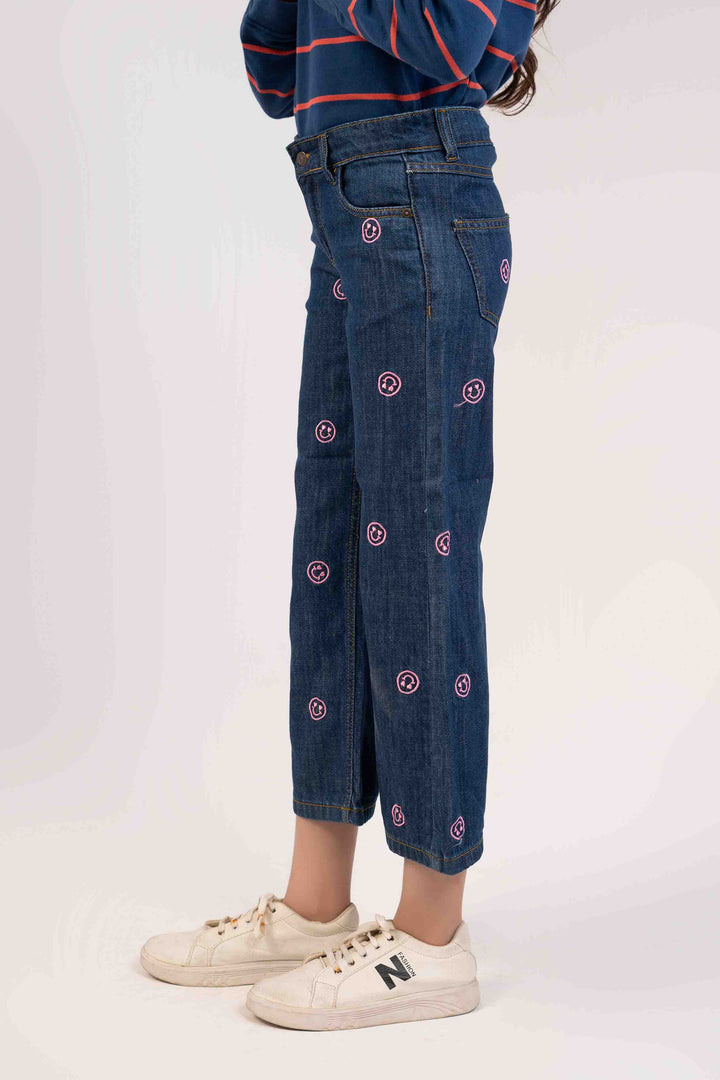 Medium Wash Color with Smily Face EMB  Girls Jeans