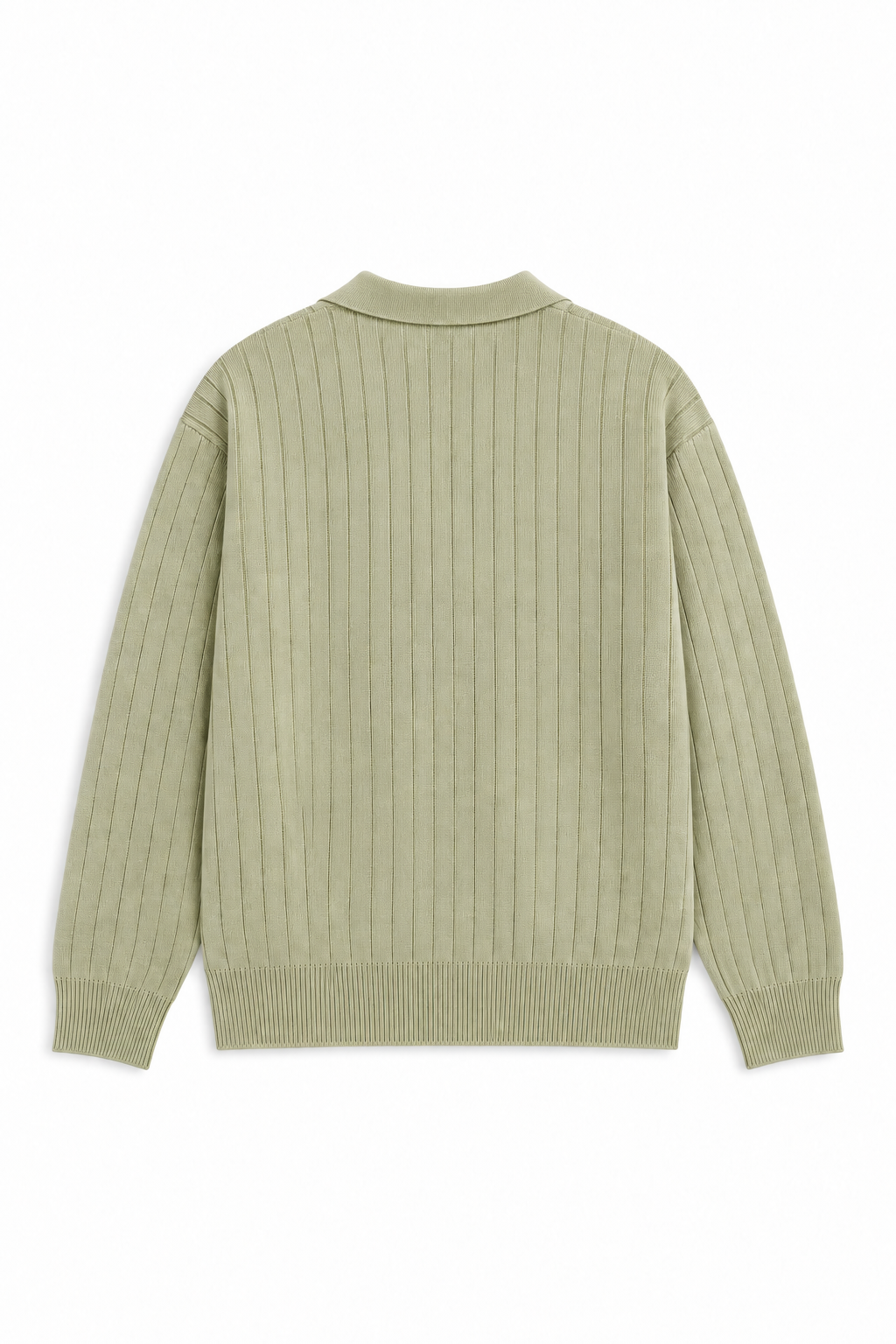 Back view of men’s sage green knitted polo showing vertical texture, long sleeves and ribbed cuffs