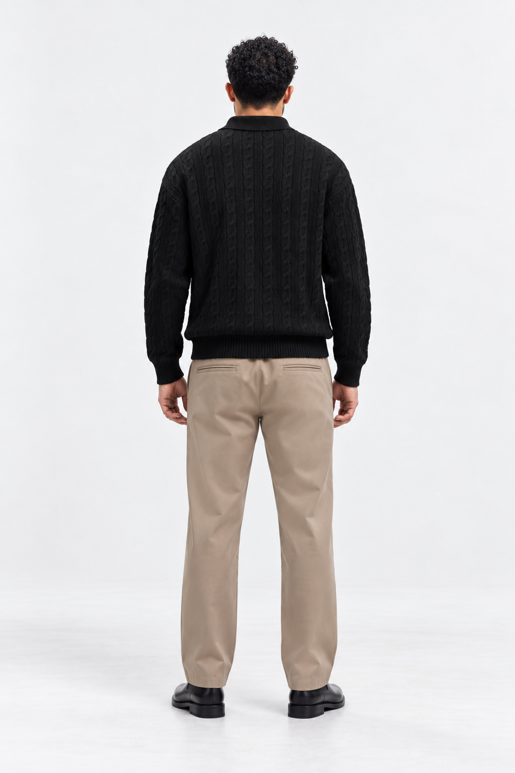 Men’s Long Sleeve Cable-Knit Polo — Black