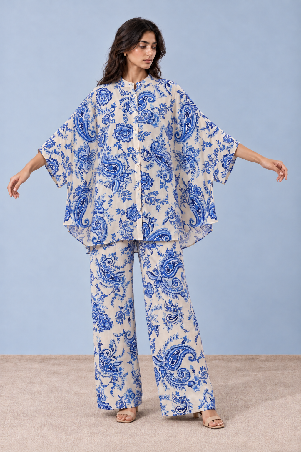 Ivory & Blue Paisley Kaftan Co-ord Set
