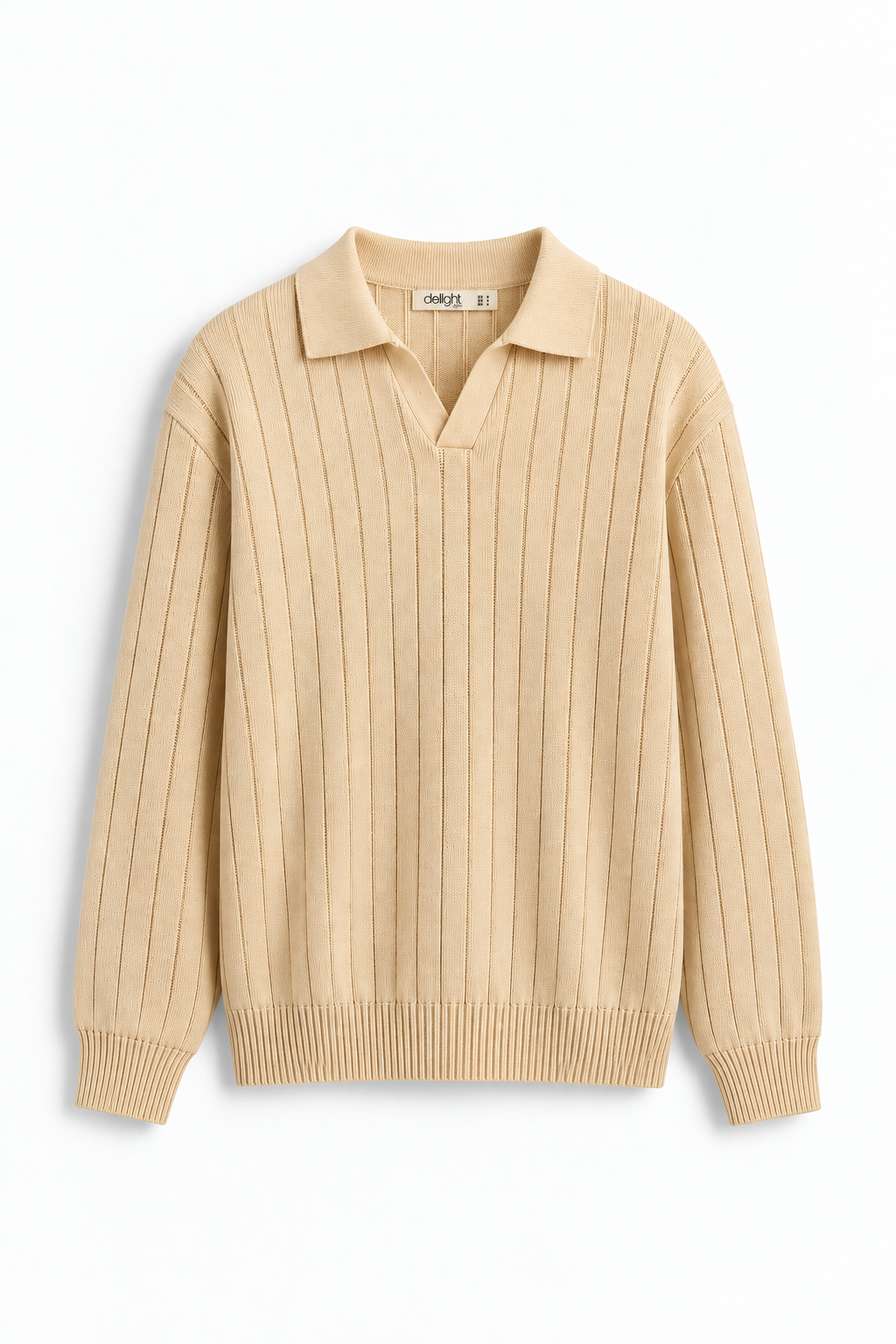 Men’s Beige Long Sleeve Knit Polo