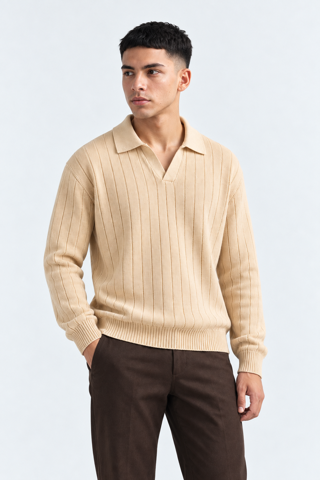 Men’s Beige Long Sleeve Knit Polo