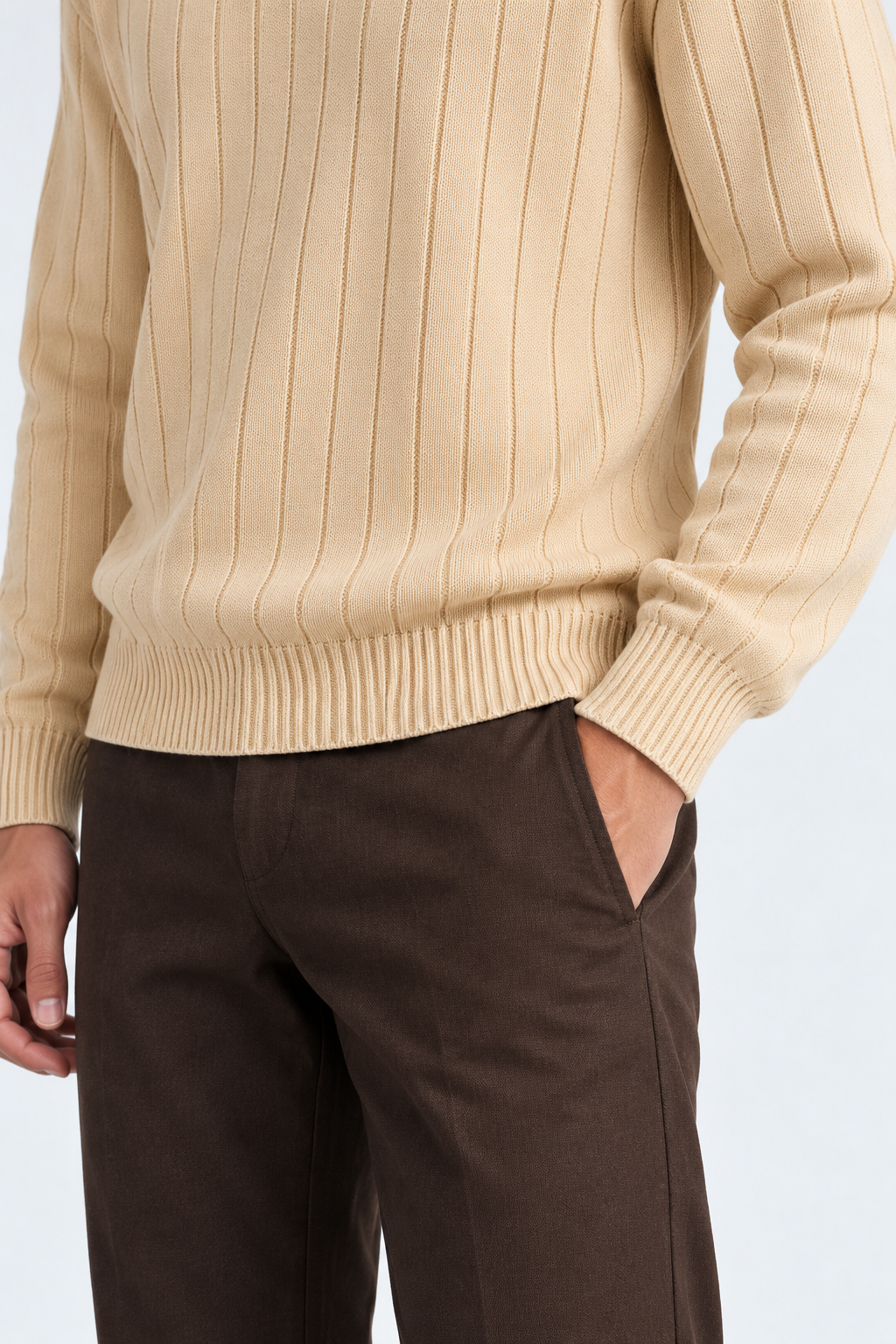 Men’s Beige Long Sleeve Knit Polo