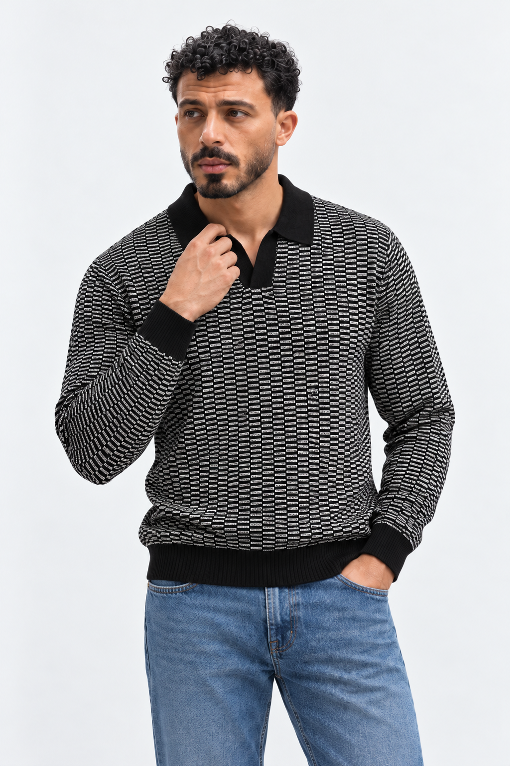 Men’s Long Sleeve Jacquard Knit Polo — Black & Ivory