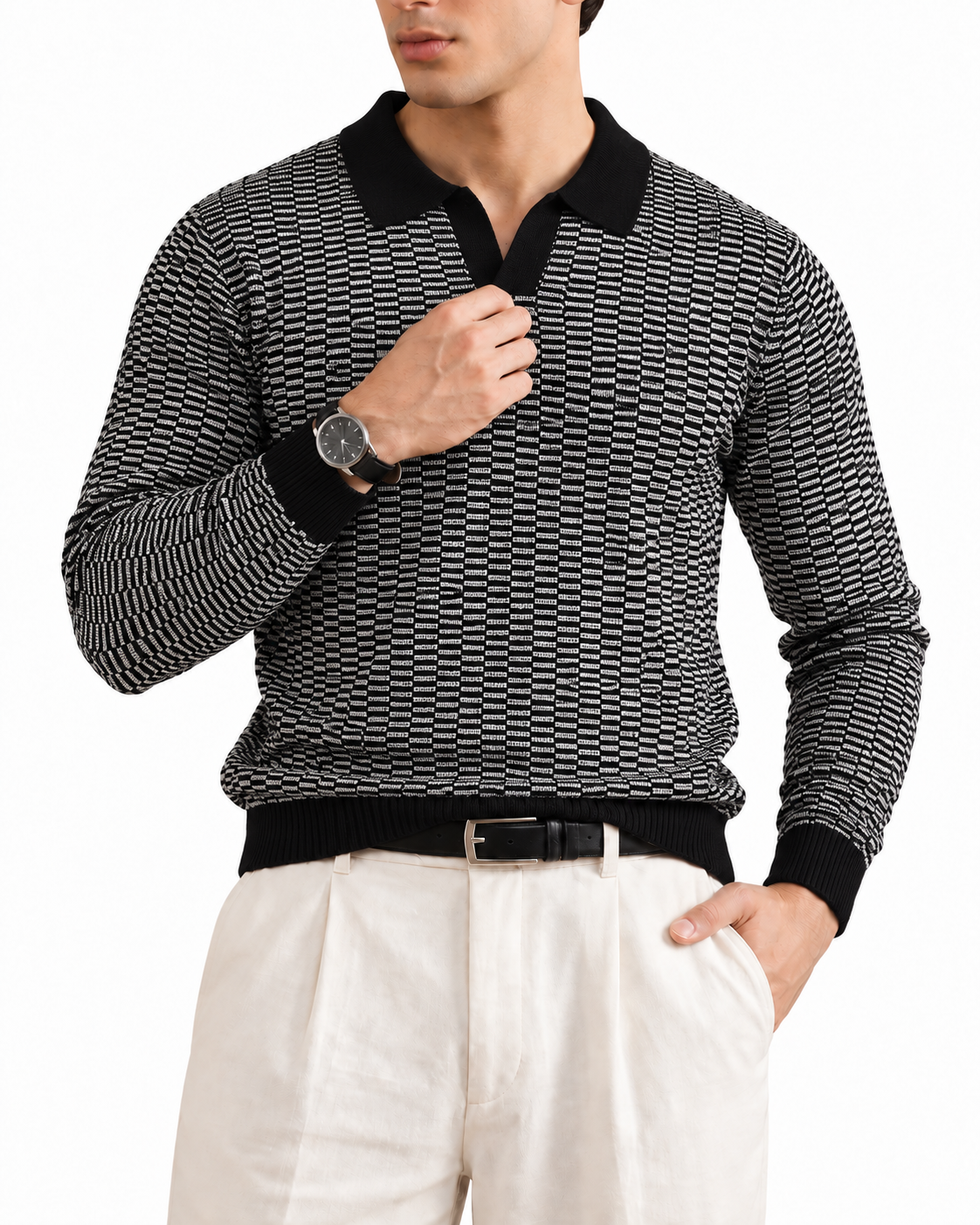 Men’s Long Sleeve Jacquard Knit Polo — Black & Ivory