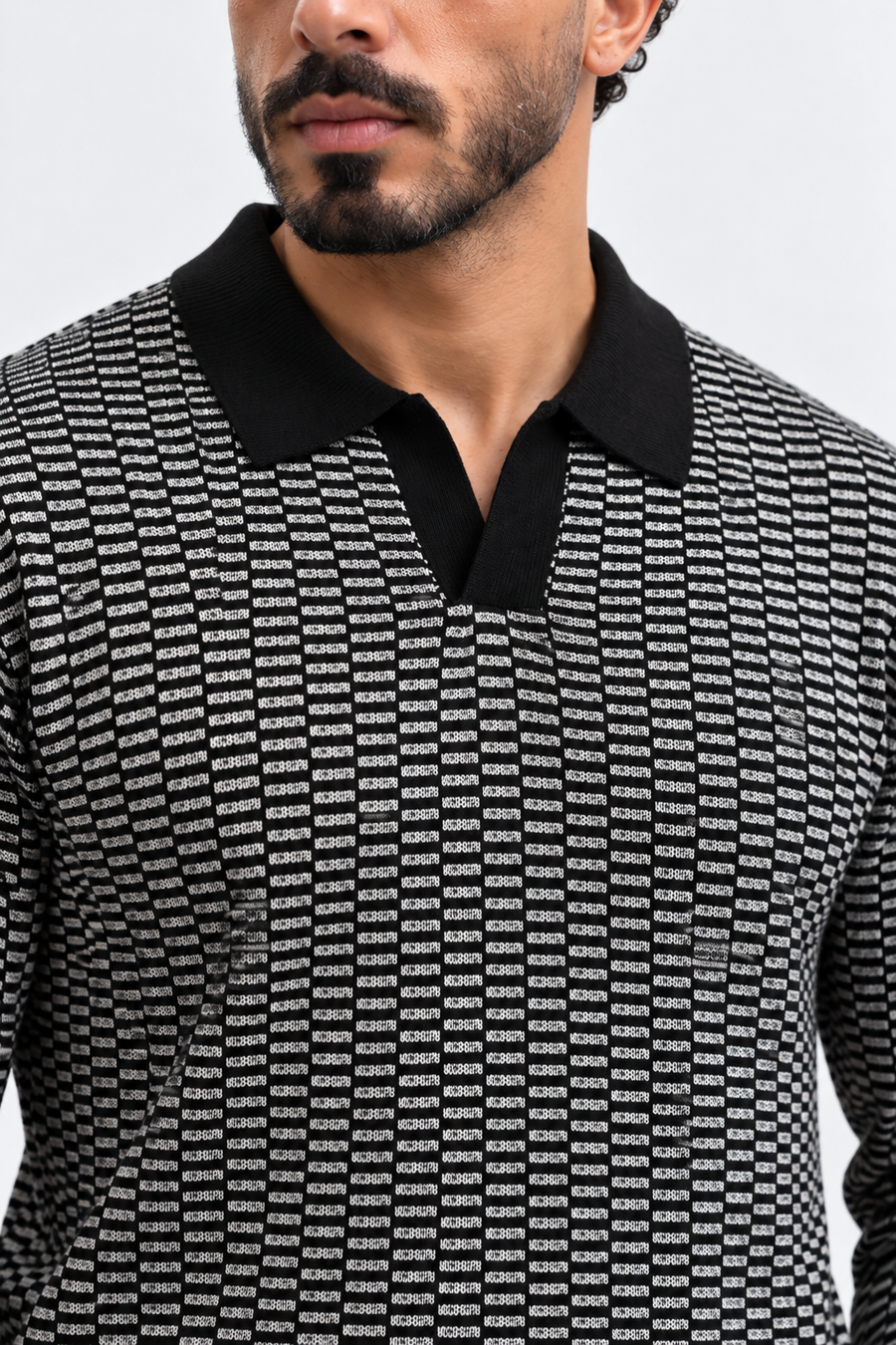 Men’s Long Sleeve Jacquard Knit Polo — Black & Ivory