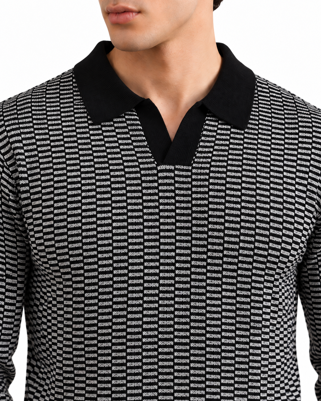 Men’s Long Sleeve Jacquard Knit Polo — Black & Ivory