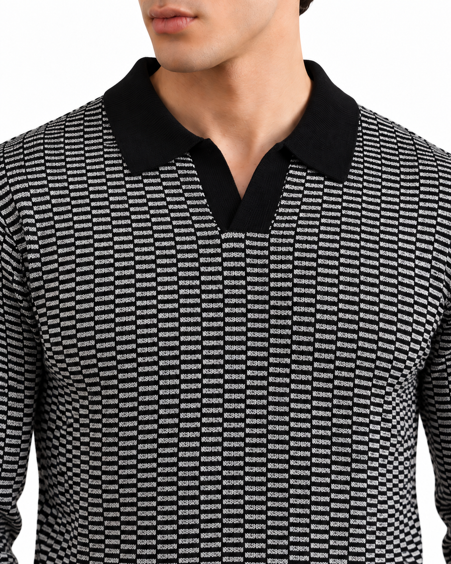 Men’s Long Sleeve Jacquard Knit Polo — Black & Ivory