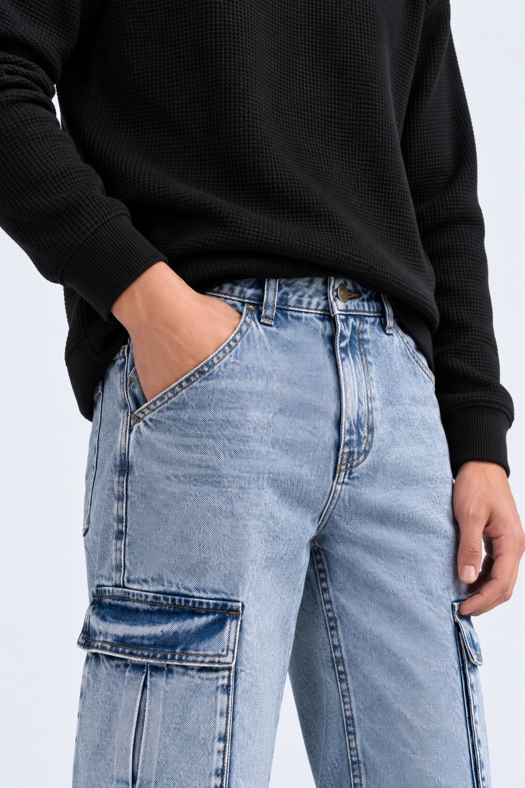 Men’s Baggy Cargo Jeans – Light Blue Acid Wash Wide Leg Denim