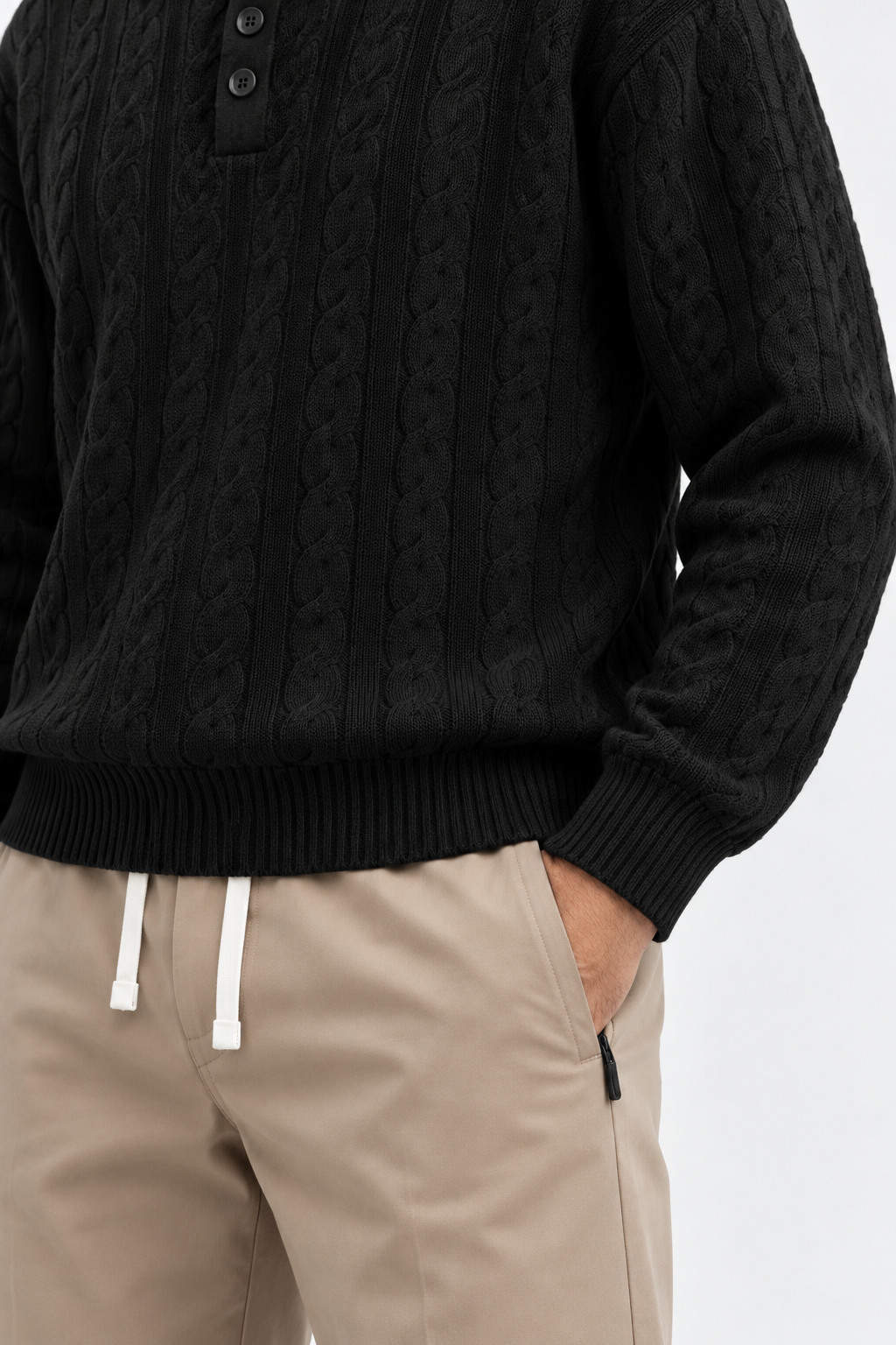 Men’s Long Sleeve Cable-Knit Polo — Black