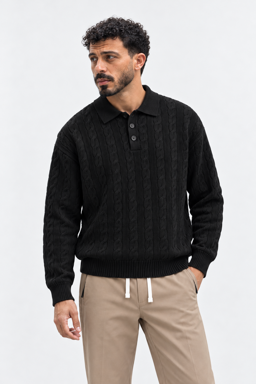 Men’s Long Sleeve Cable-Knit Polo — Black