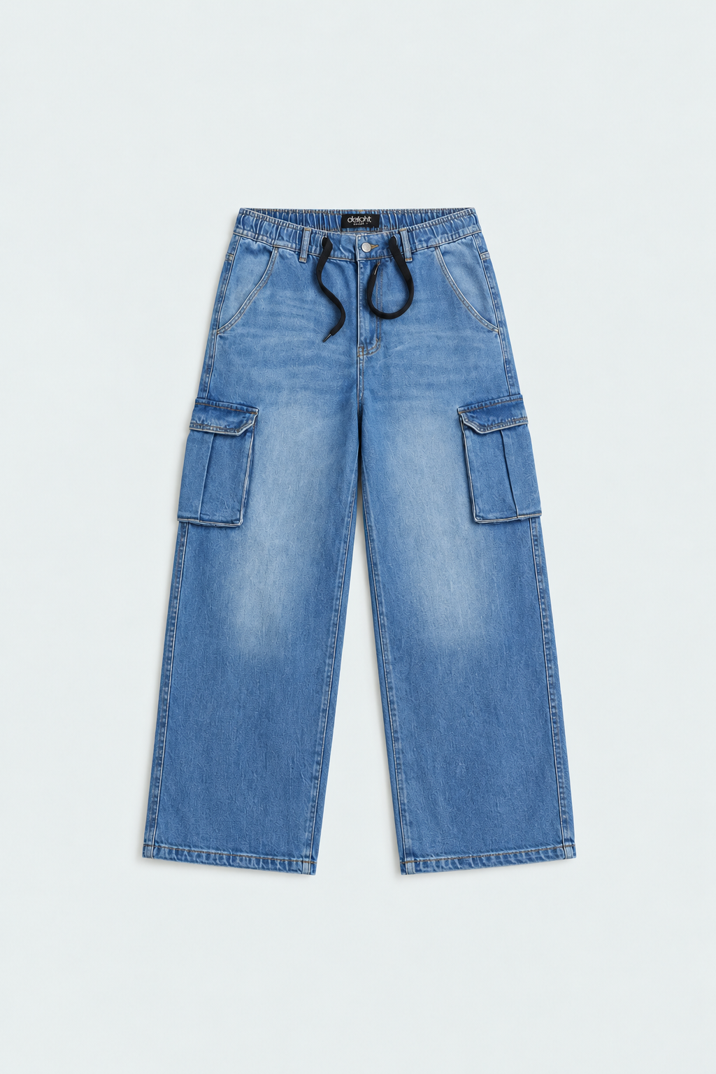 Men’s Baggy Cargo Jeans – Blue Wash Drawstring Wide Leg Denim