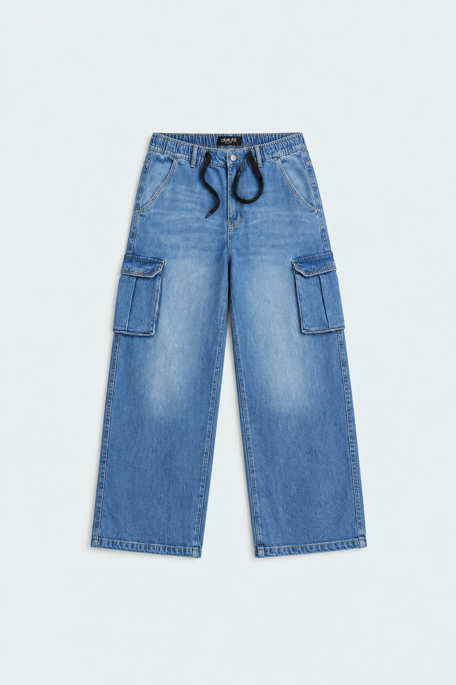 Men’s Baggy Cargo Jeans – Blue Wash Drawstring Wide Leg Denim