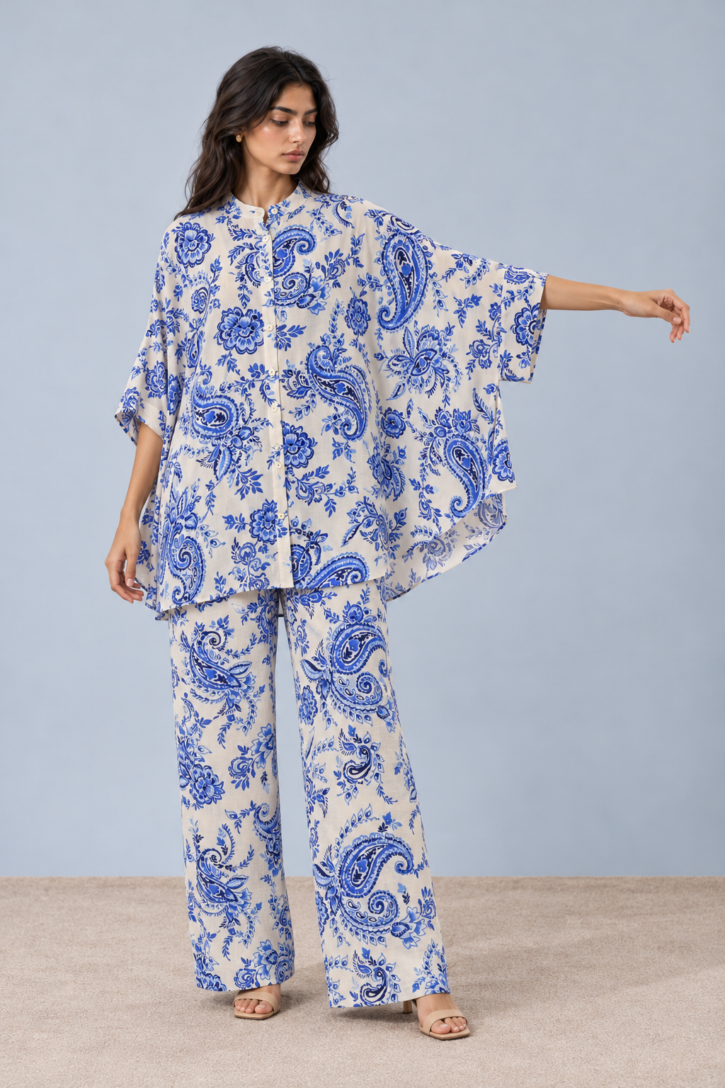 Ivory & Blue Paisley Kaftan Co-ord Set