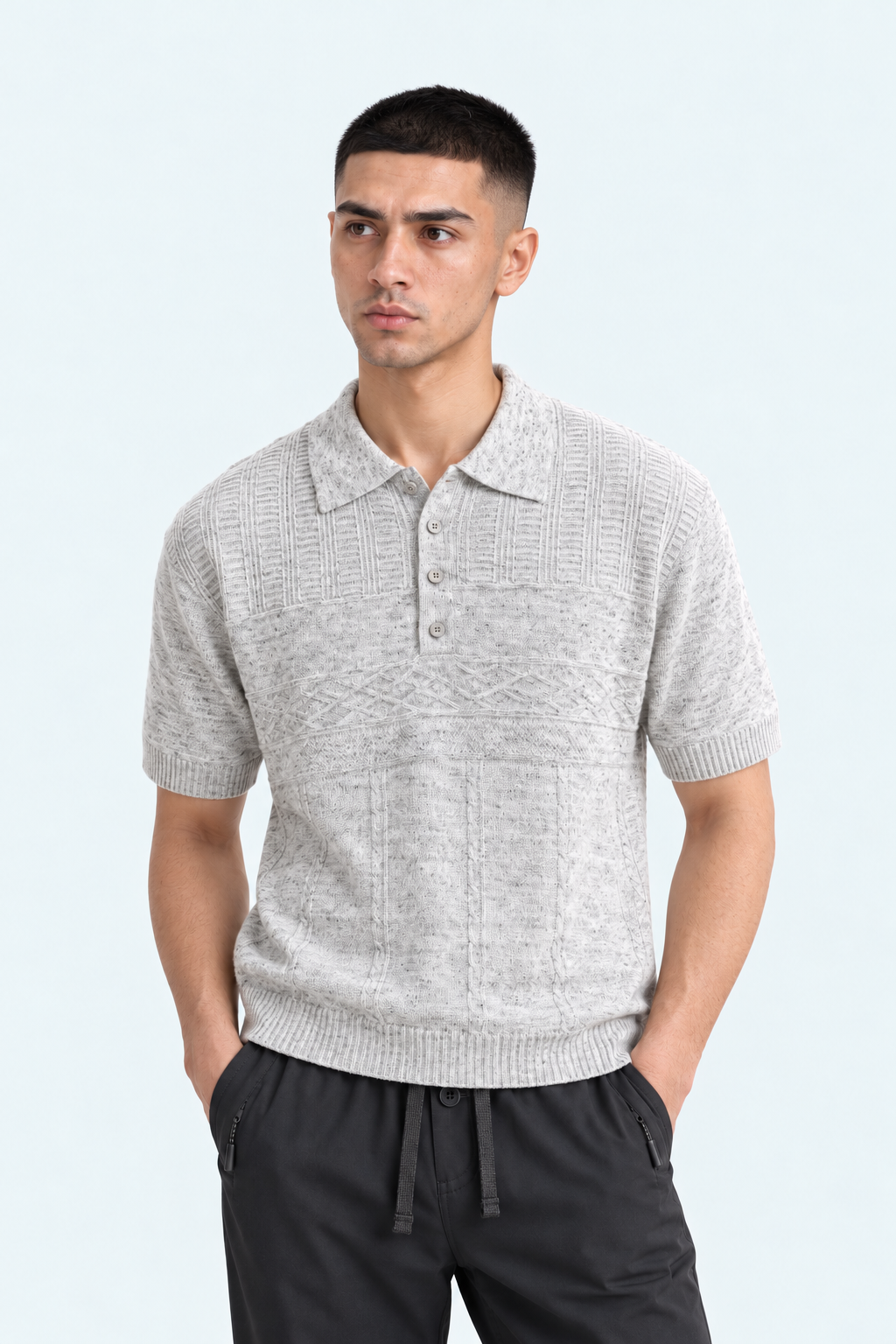 Men’s Marled Textured Knit Polo – Light Grey
