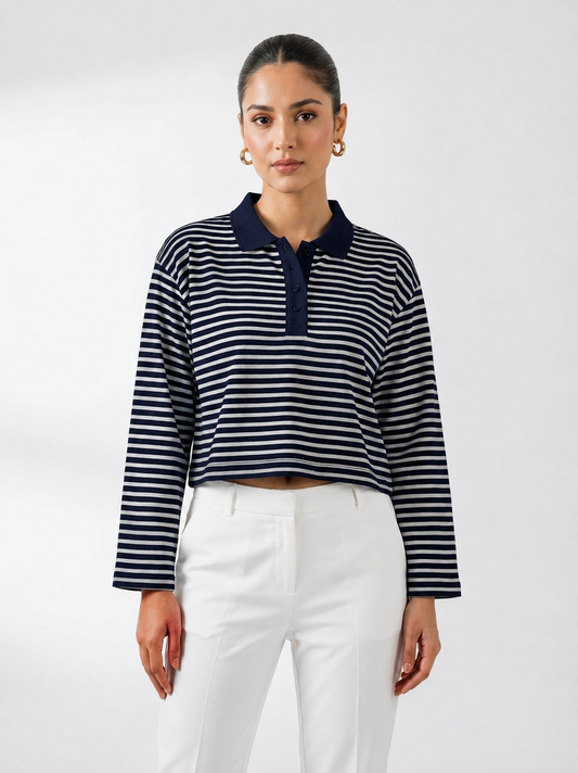 Women's Navy Striped Cropped Polo Top