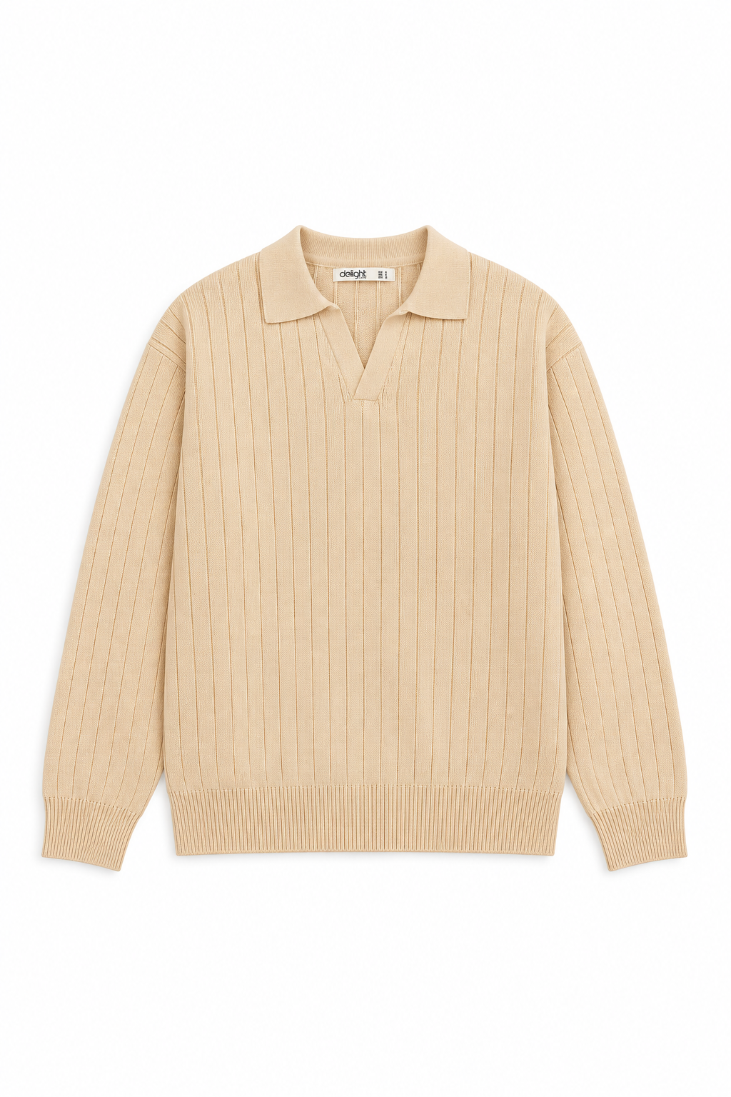 Men’s sand beige long sleeve knitted polo with vertical texture, open collar, ribbed cuffs and hem