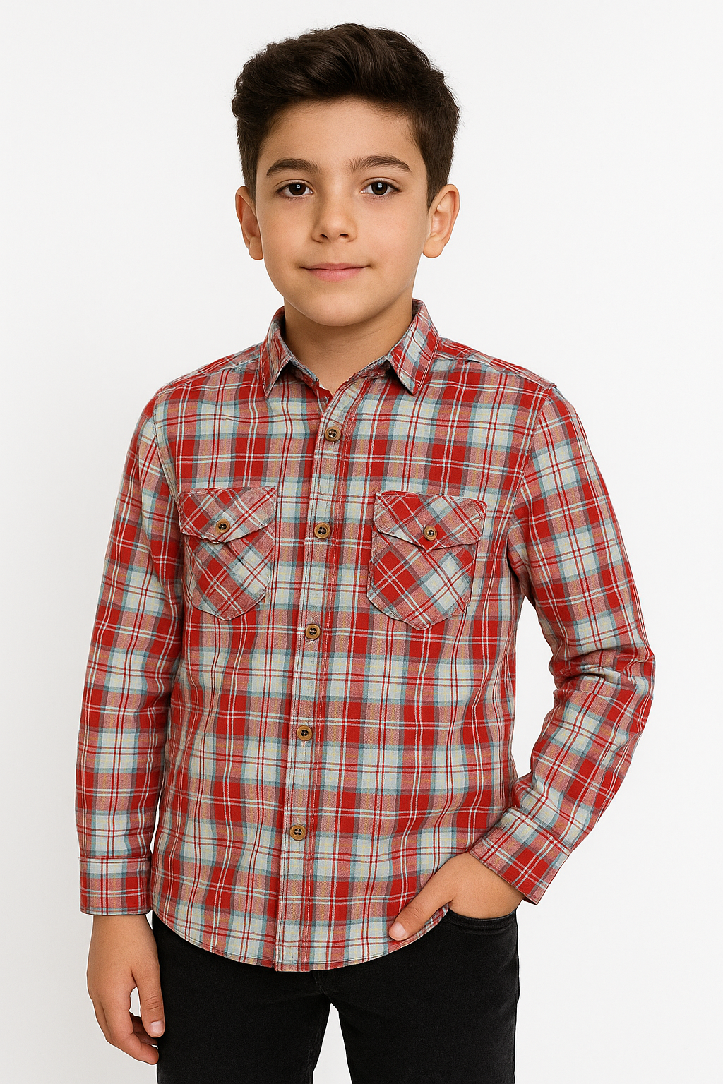 Casual Shirt Double Pocket Red Check
