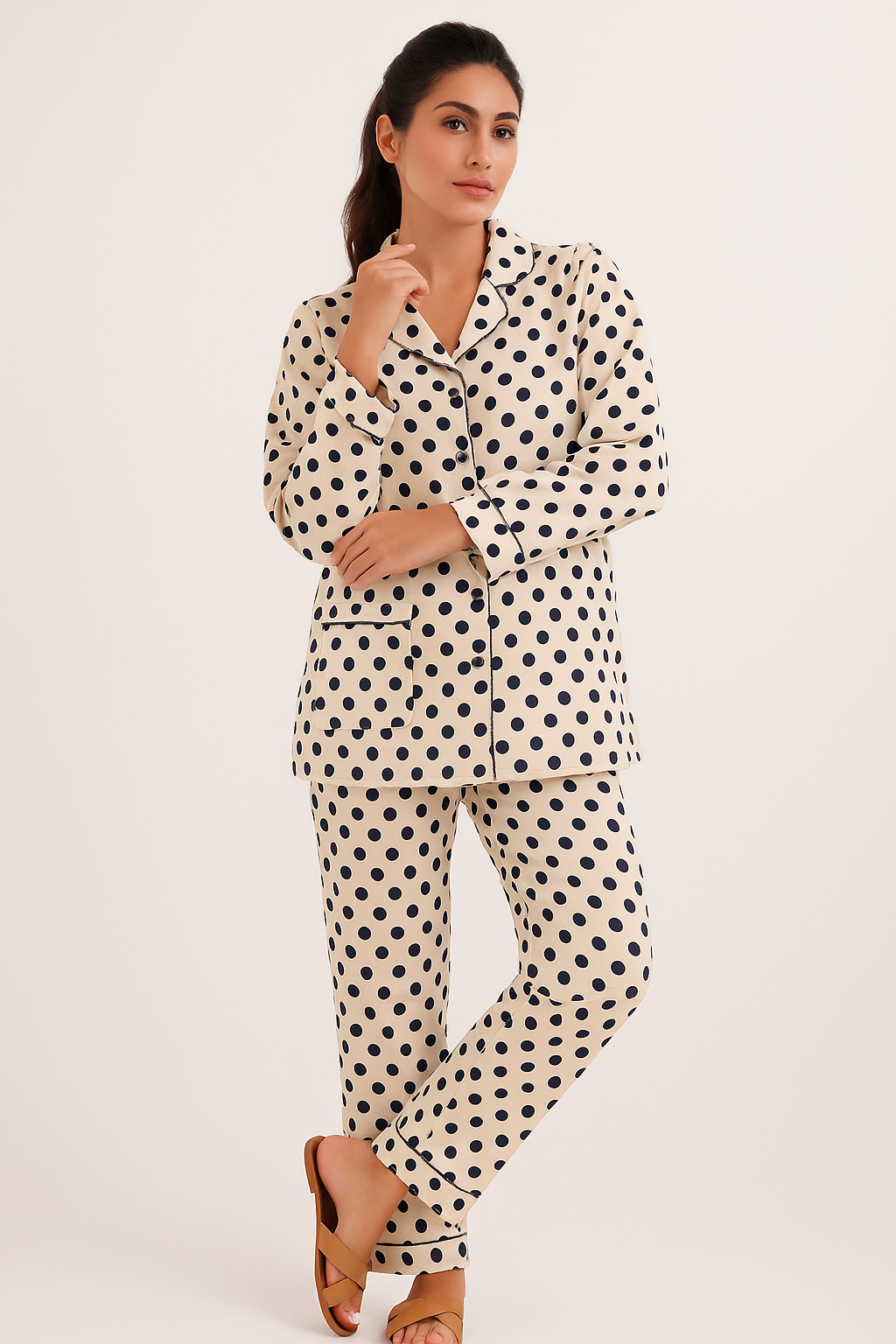 Women Night Suit Grey Polka Dot Deign