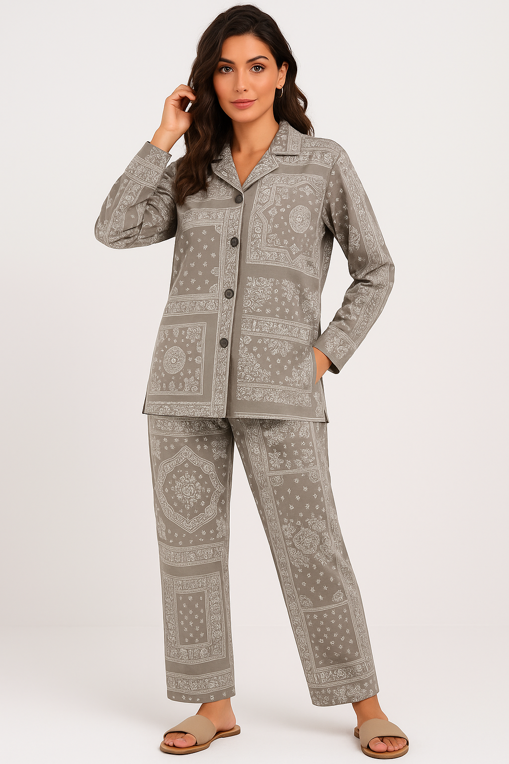 Women Night Suit Grey Printed