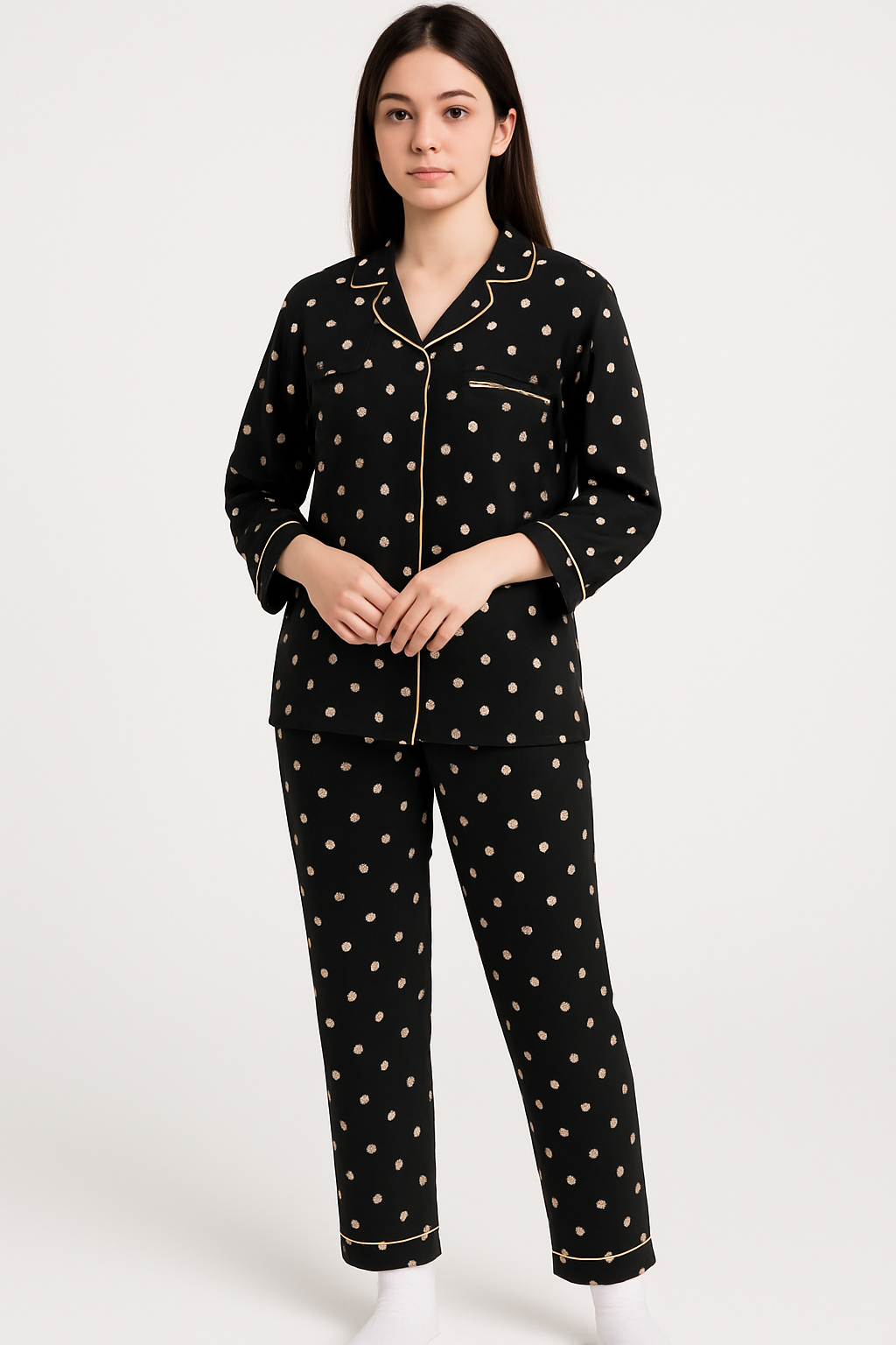 Women Night Suit Black Polka Dot Deign