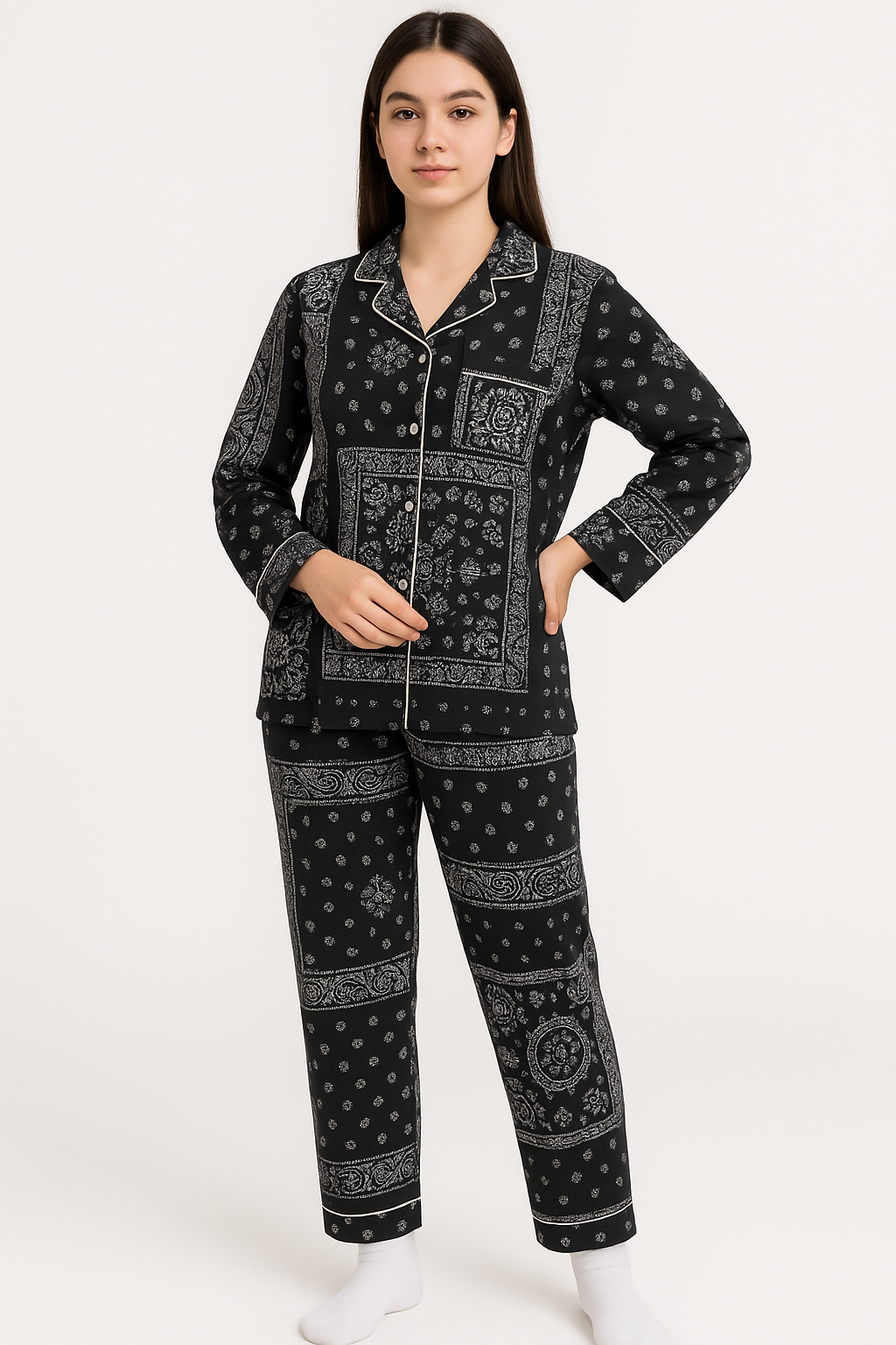 Women Night Suit Black Printed