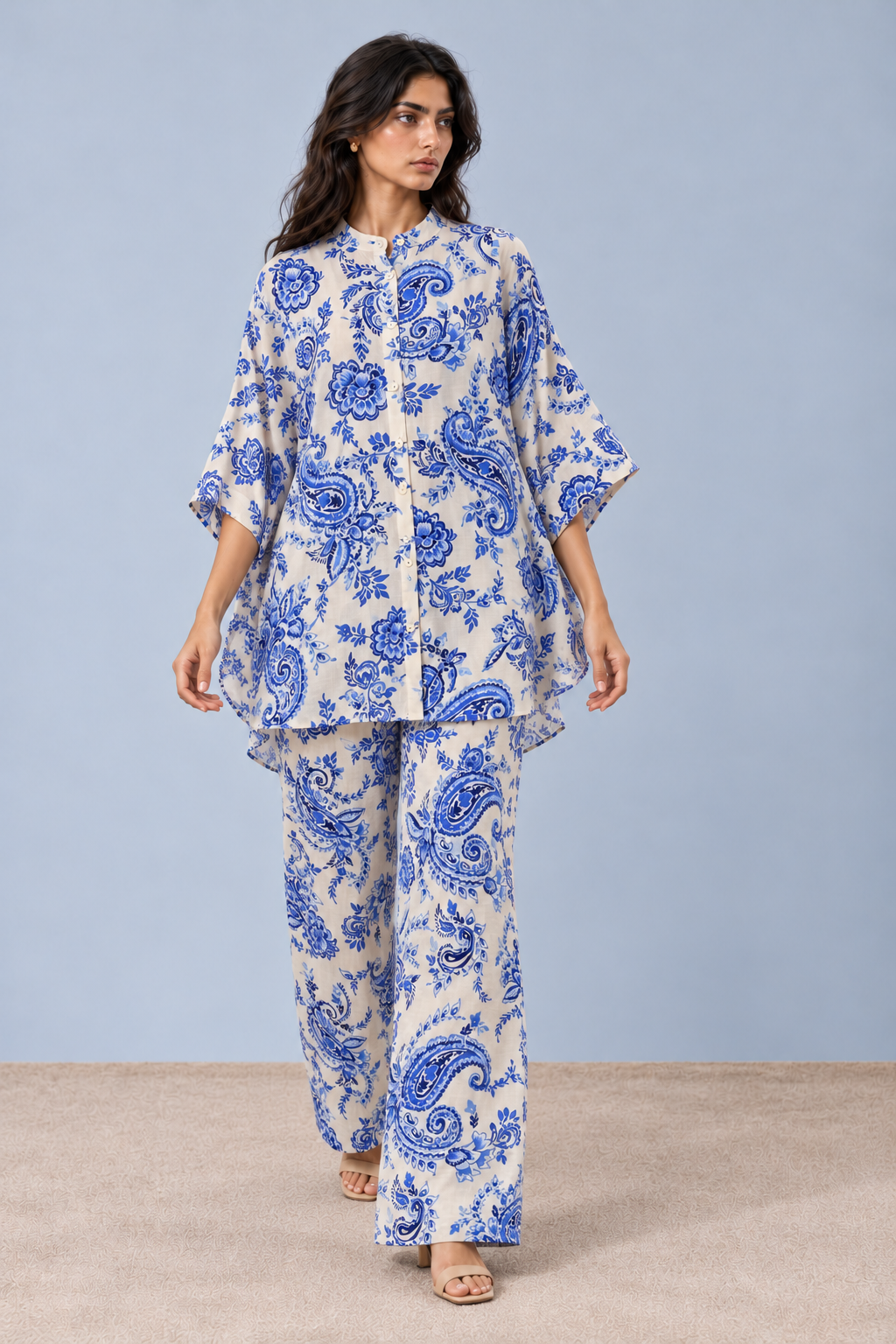 Ivory & Blue Paisley Kaftan Co-ord Set