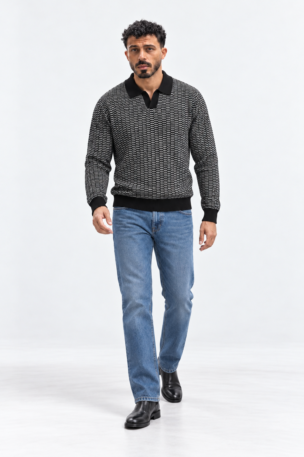 Men’s Long Sleeve Jacquard Knit Polo — Black & Ivory