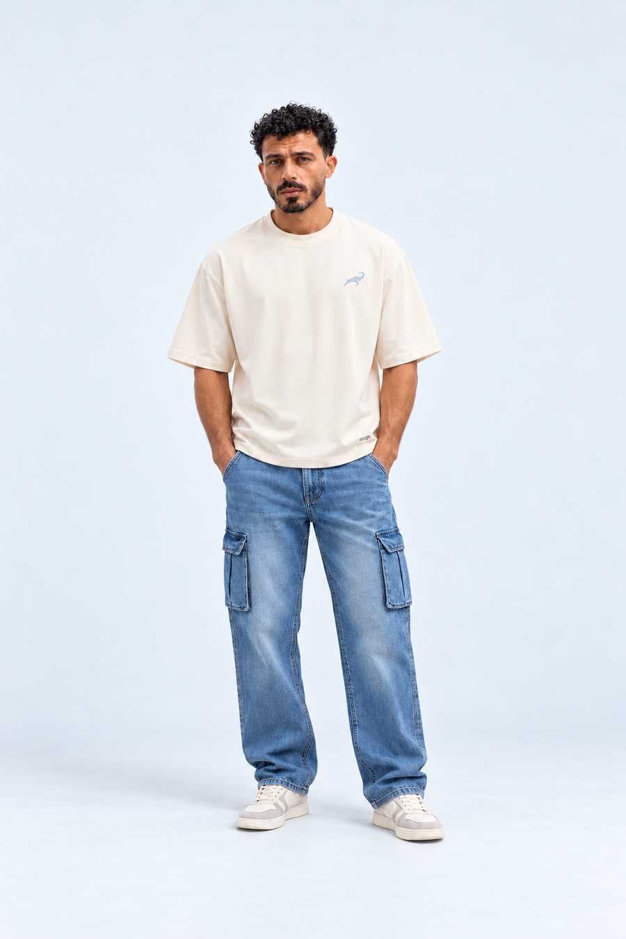 Men’s Baggy Cargo Jeans – Blue Wash Drawstring Wide Leg Denim