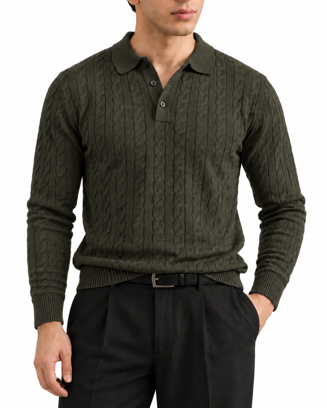 Men’s Cable-Knit Polo Sweater – Dark Olive