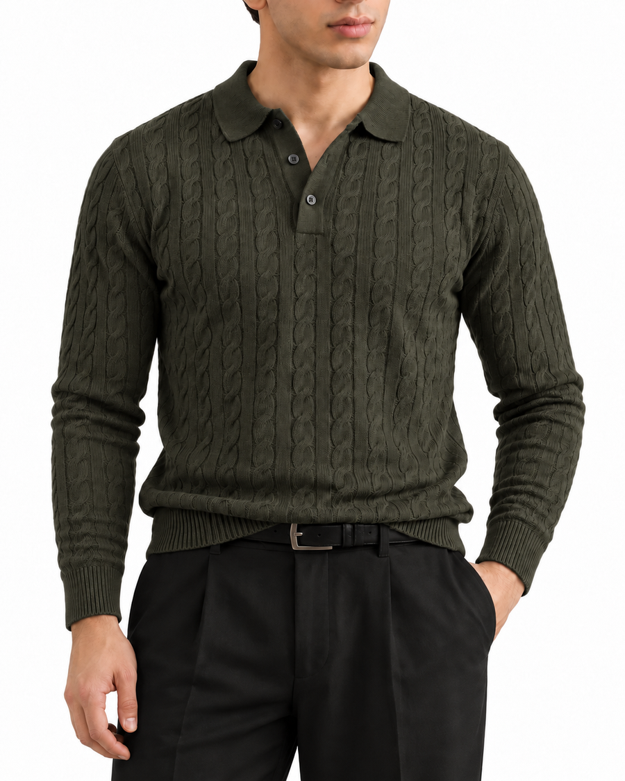 Men’s Cable-Knit Polo Sweater – Dark Olive