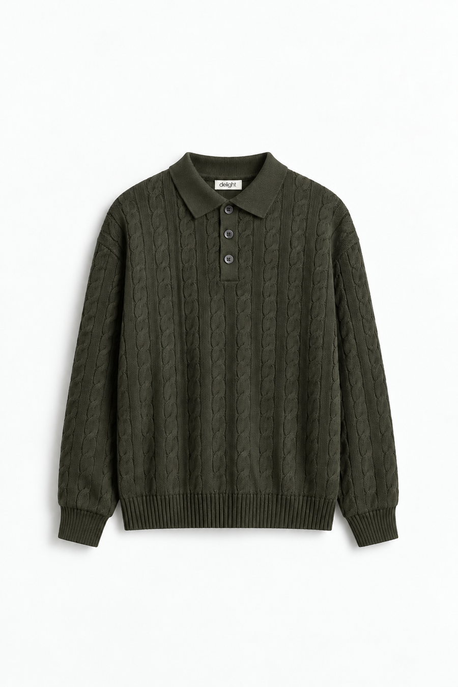 Men’s Cable-Knit Polo Sweater – Dark Olive