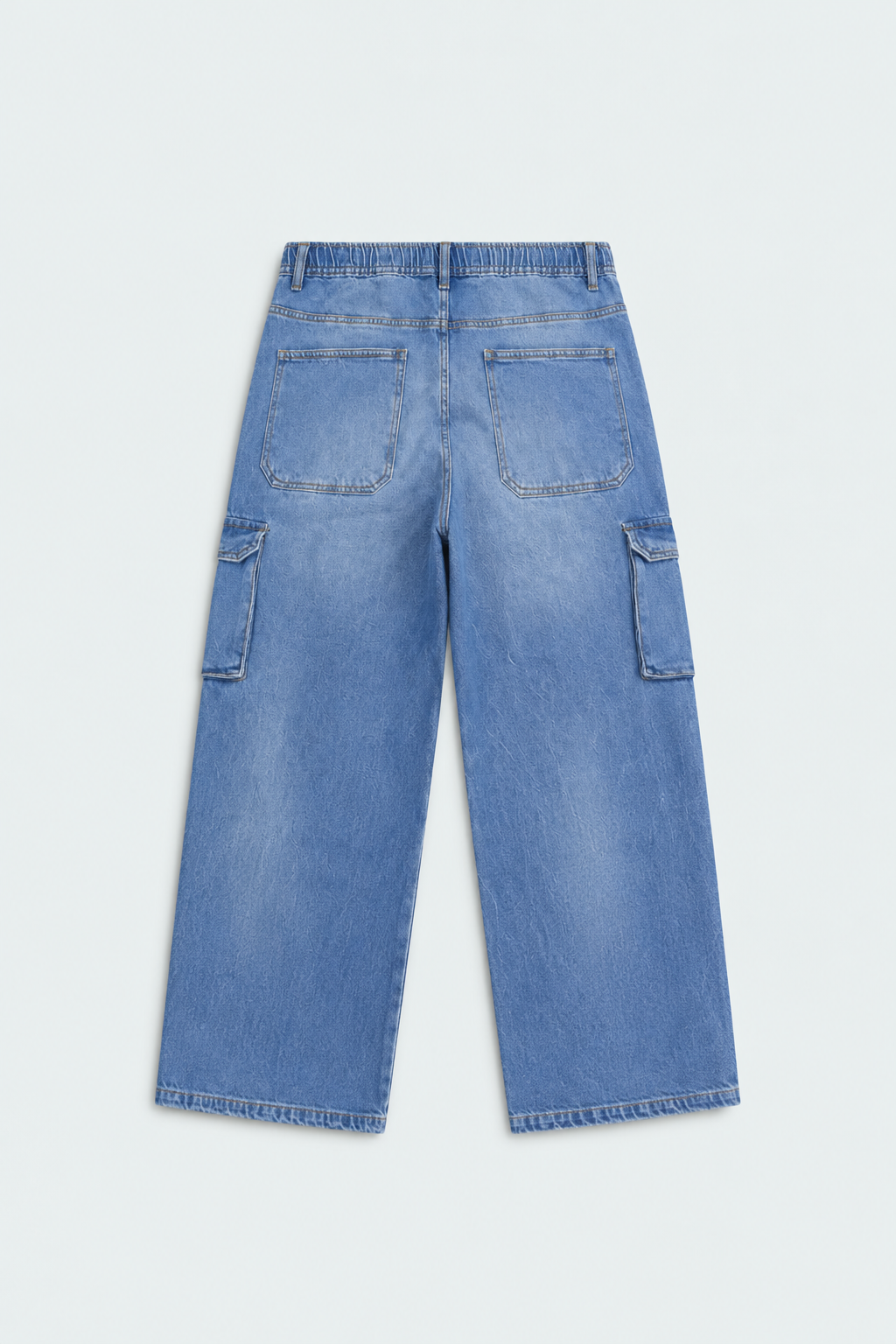 Men’s Baggy Cargo Jeans – Blue Wash Drawstring Wide Leg Denim
