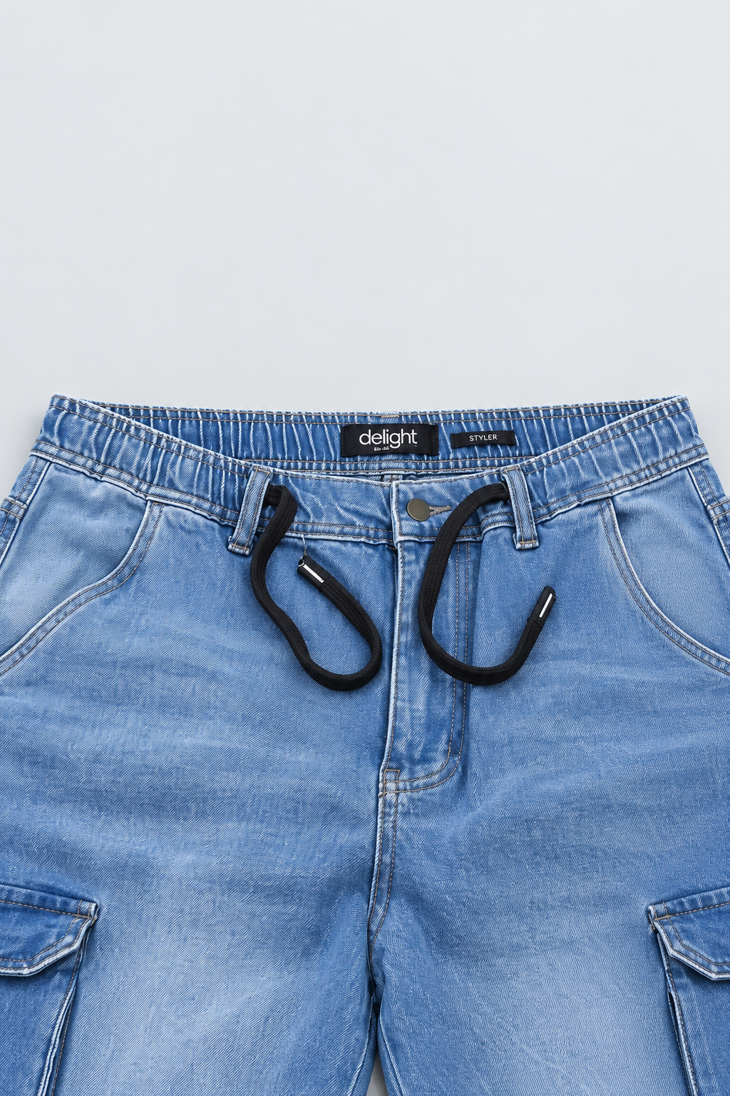 Men’s Baggy Cargo Jeans – Blue Wash Drawstring Wide Leg Denim